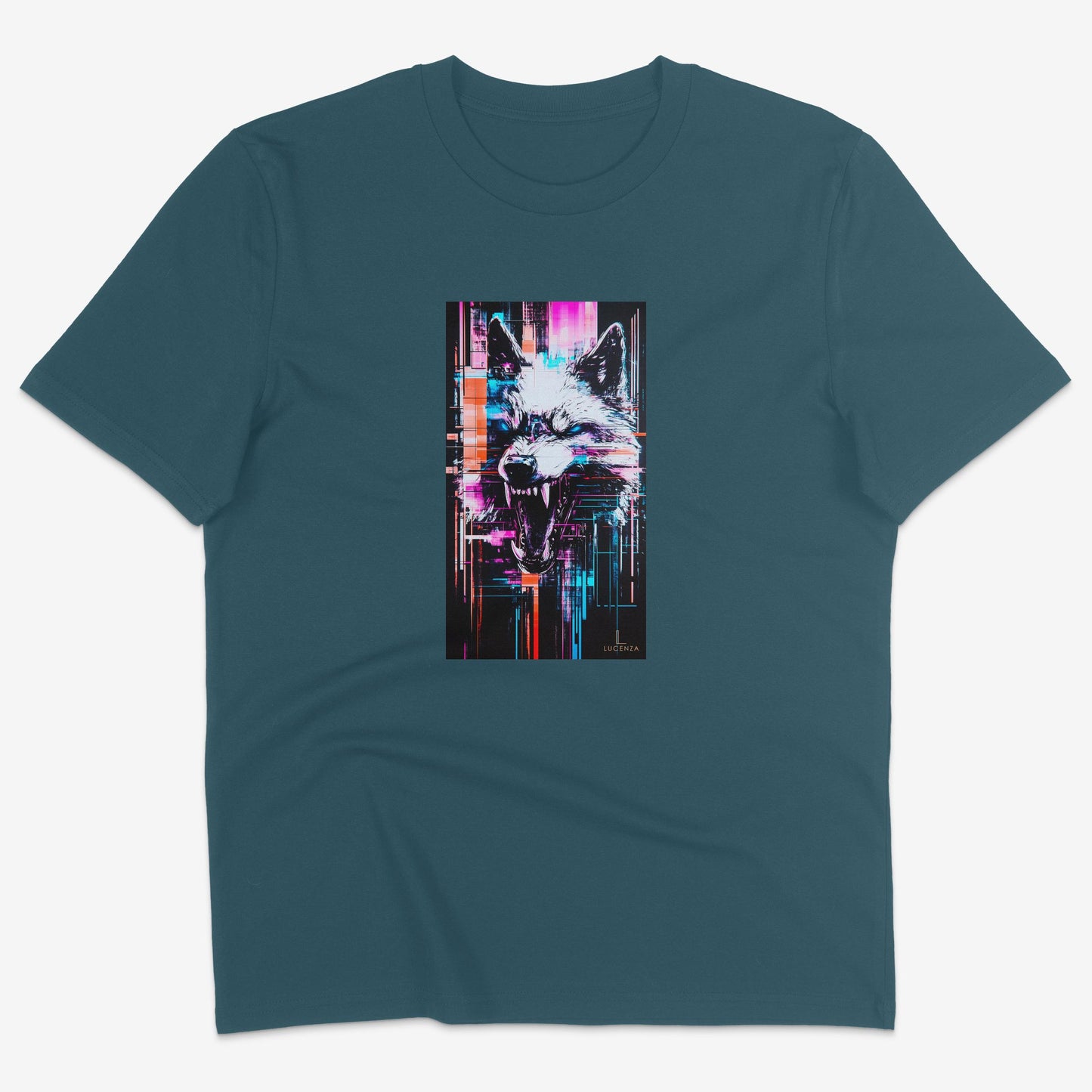 Flatlay of Lucenza Chaos 7.0 t-shirt in teal—urban streetwear with unapologetic attitude