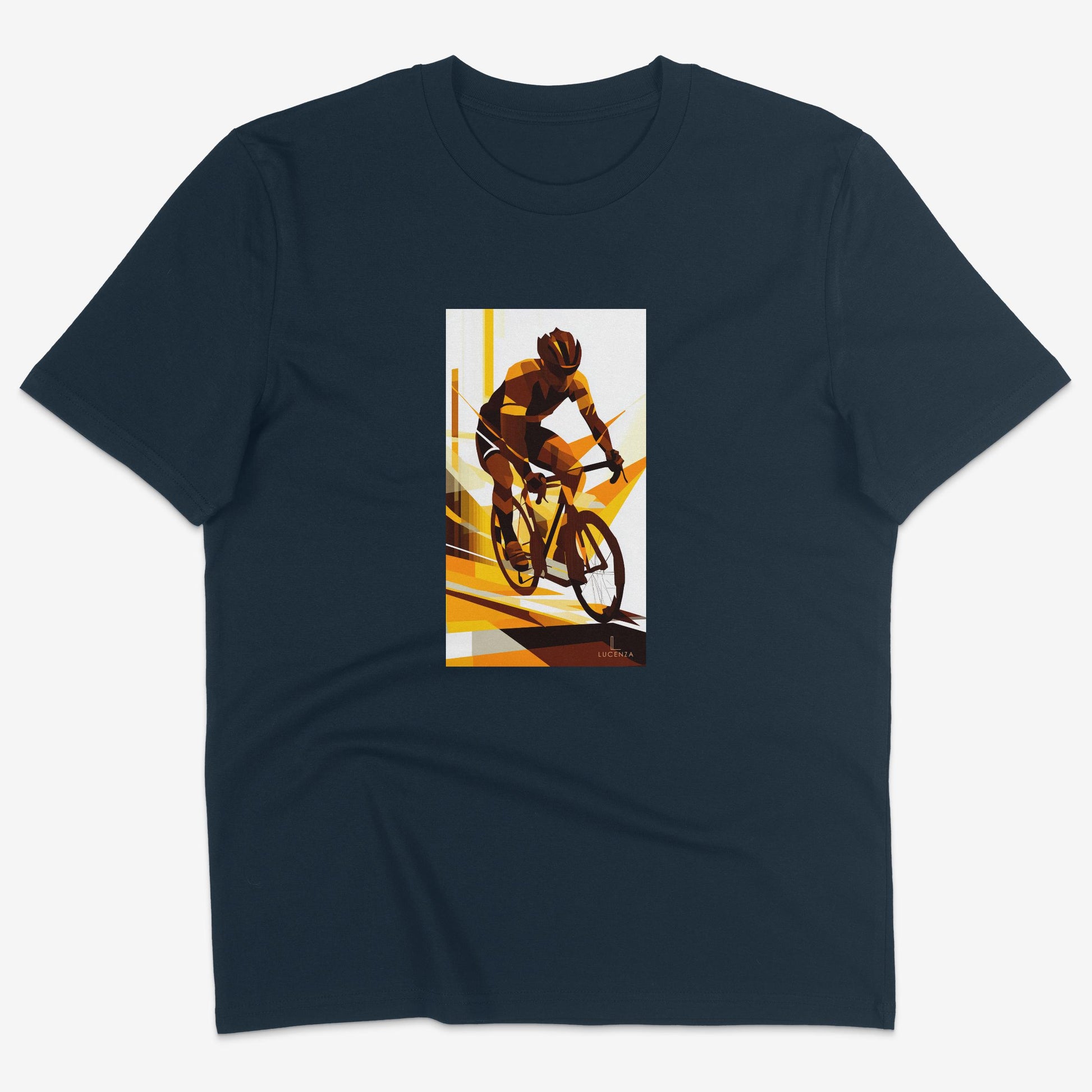Flatlay of Lucenza cycling t-shirt in navy-with artistic graphic