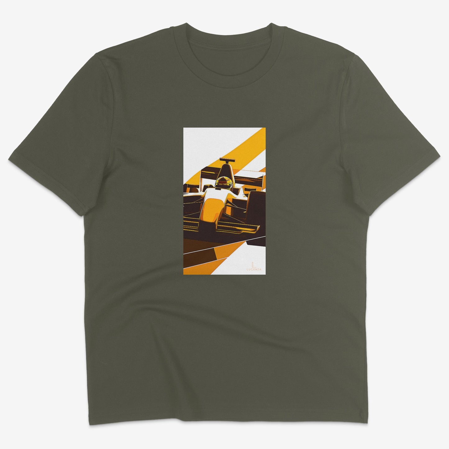 Flatlay of Lucenza F1 t-shirt in khaki-with artistic graphic