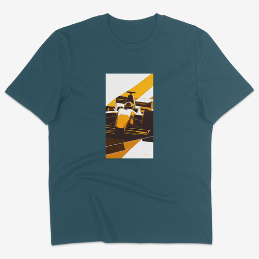 Flatlay of Lucenza F1 t-shirt in teal-with artistic graphic