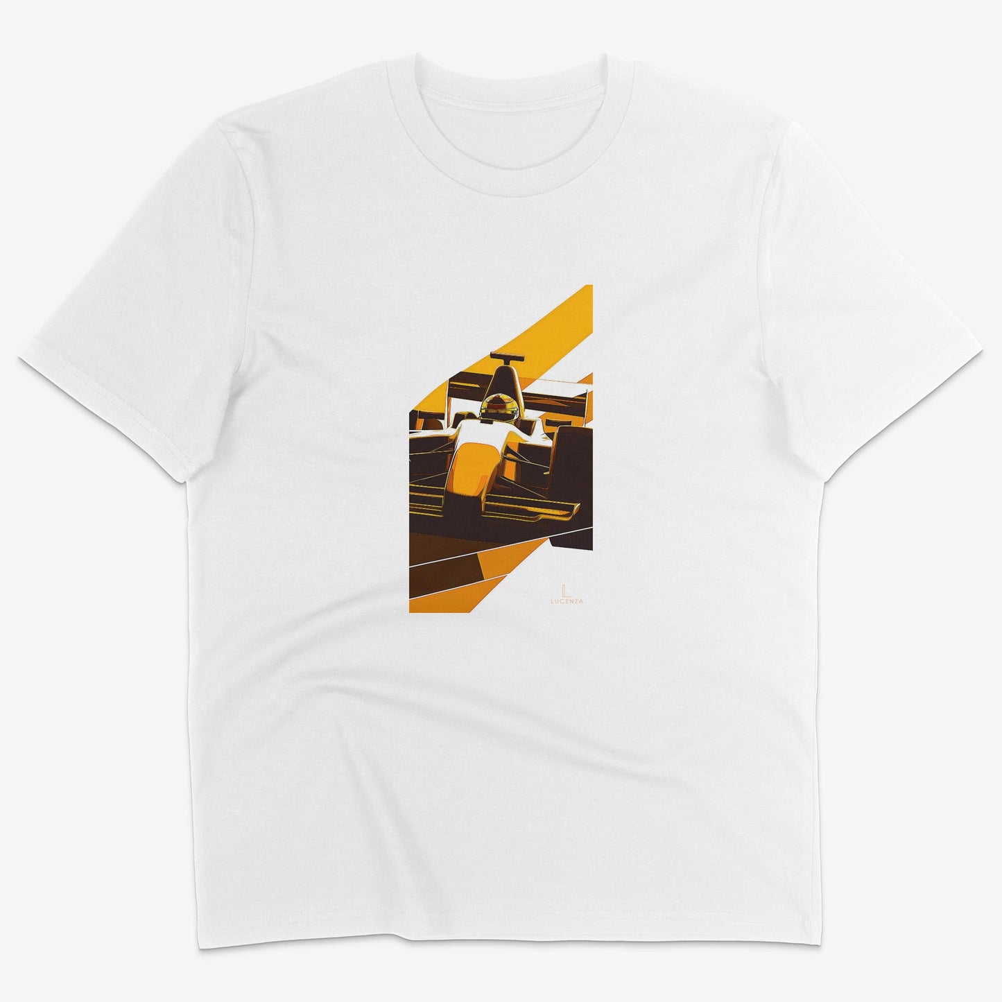 Flatlay of Lucenza F1 t-shirt in white-with artistic graphic