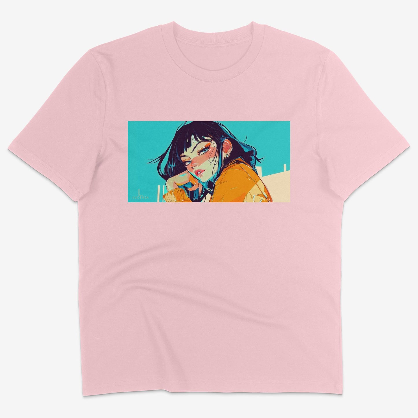 Flatlay of Lucenza Fierce 1.0 t-shirt in pink-with artistic design
