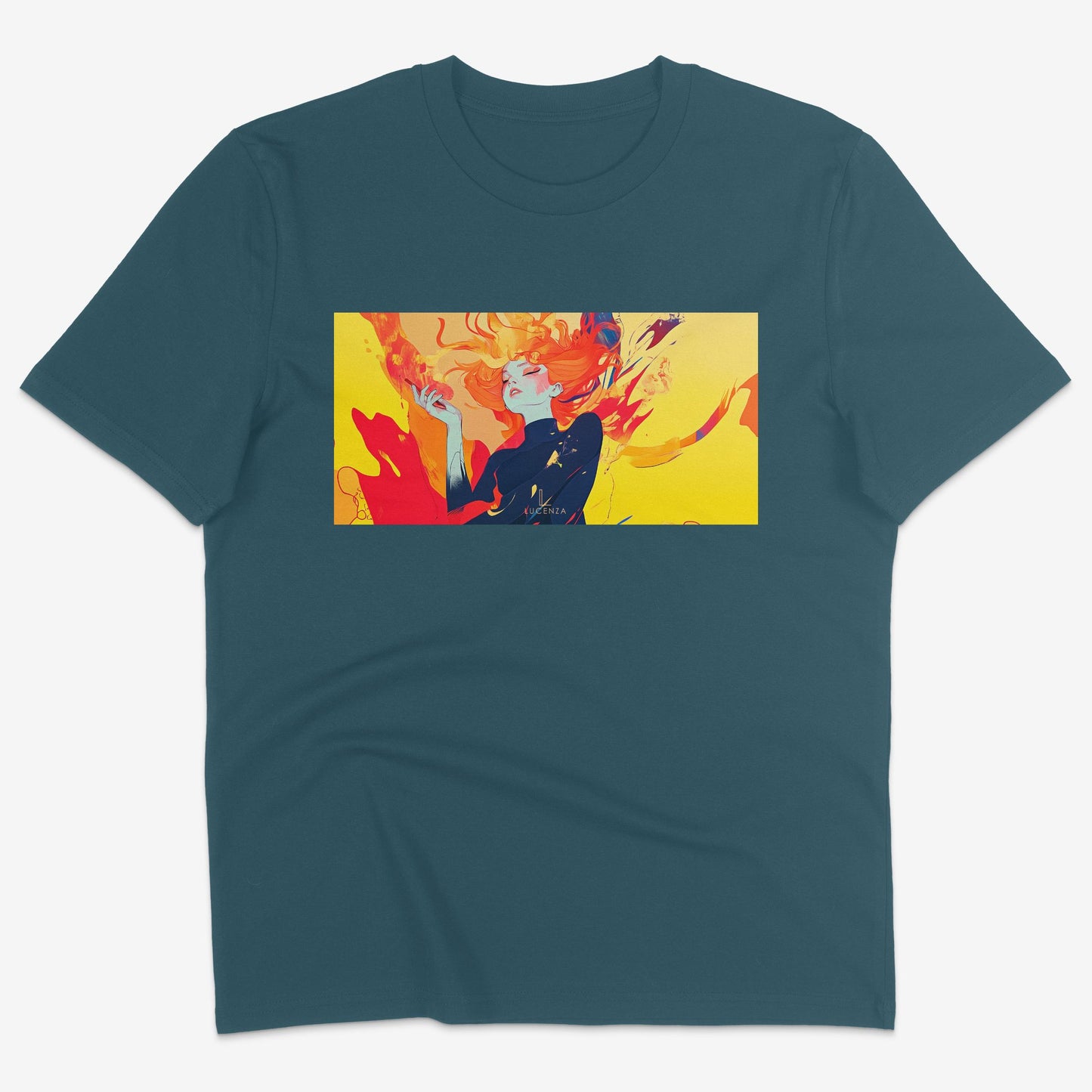 Flatlay of Lucenza Fierce 4.0 t-shirt in teal-with manga design