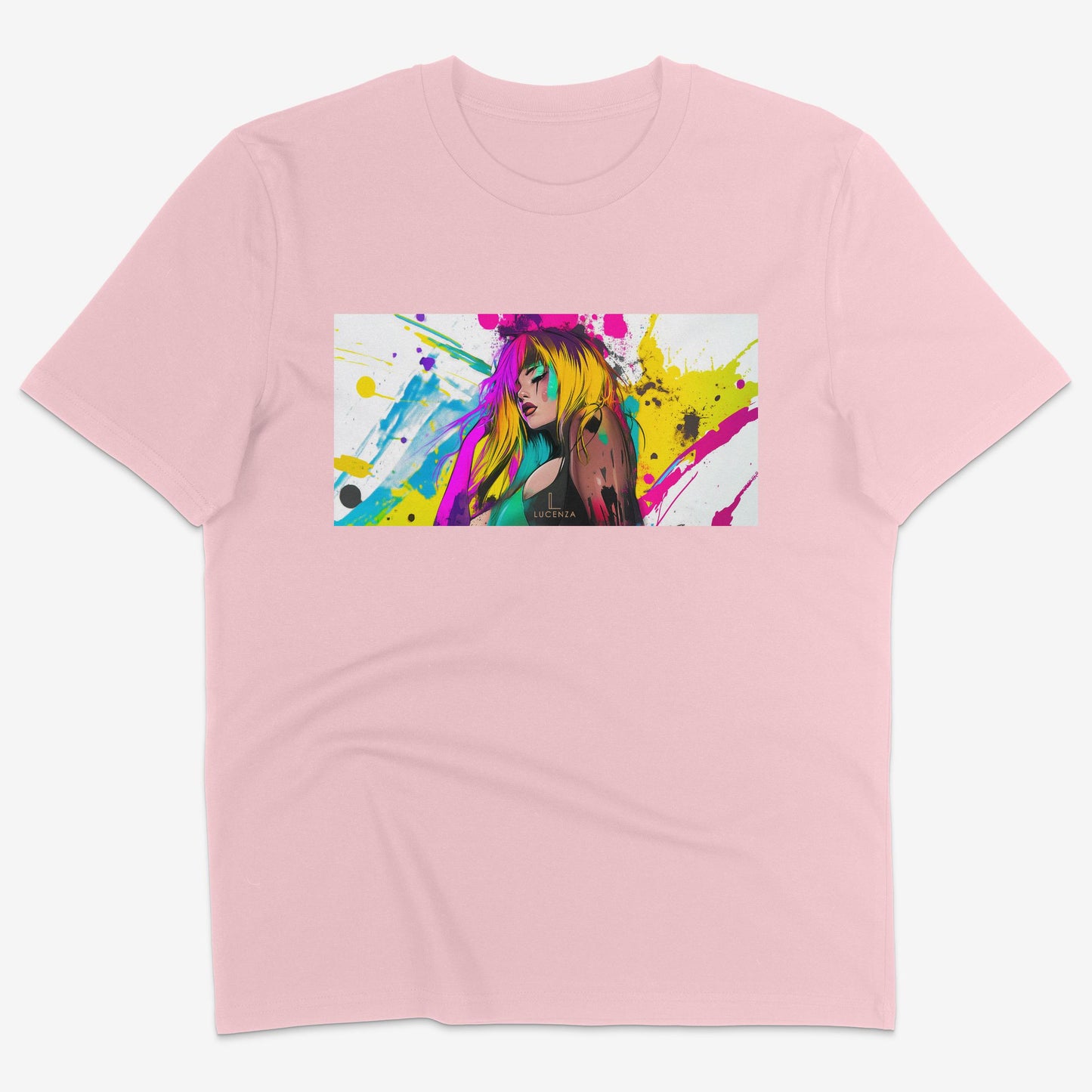 Flatlay of Lucenza Fierce 2.0 t-shirt in pink-with manga design