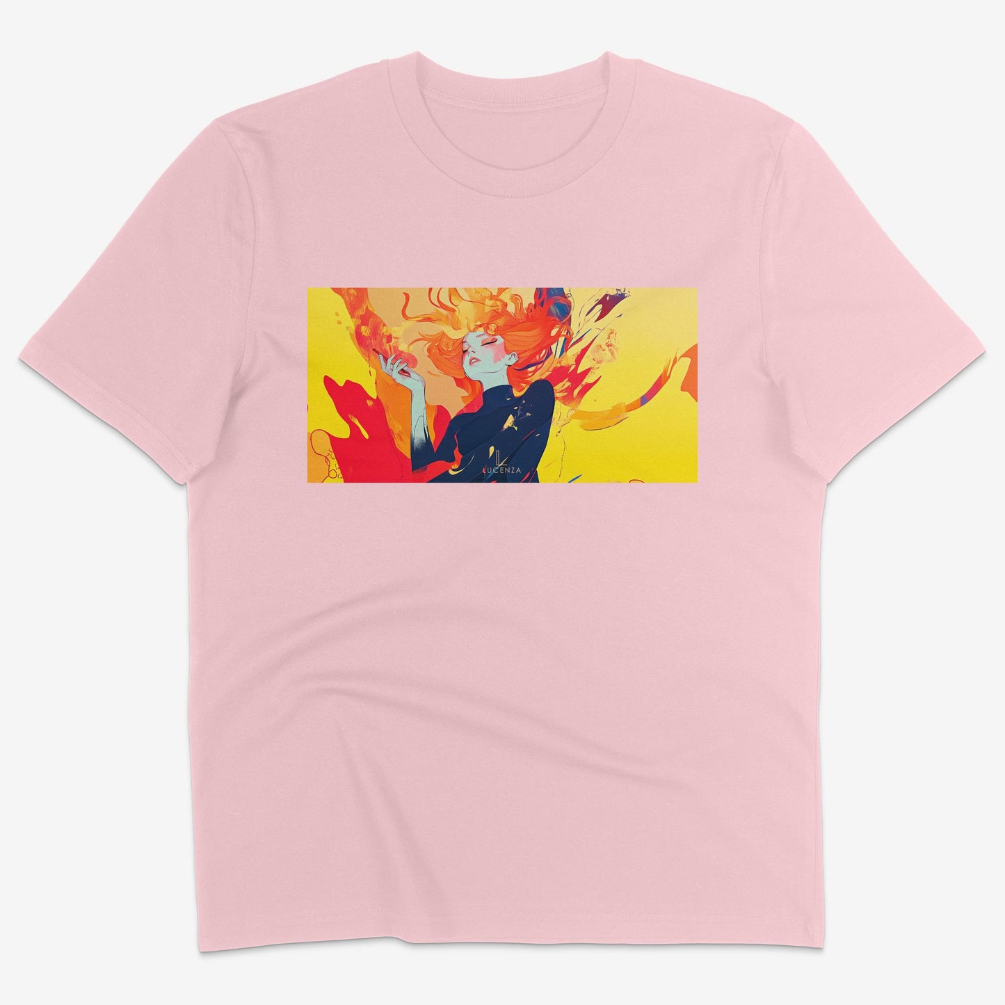 Flatlay of Lucenza Fierce 4.0 t-shirt in pink-with artistic design