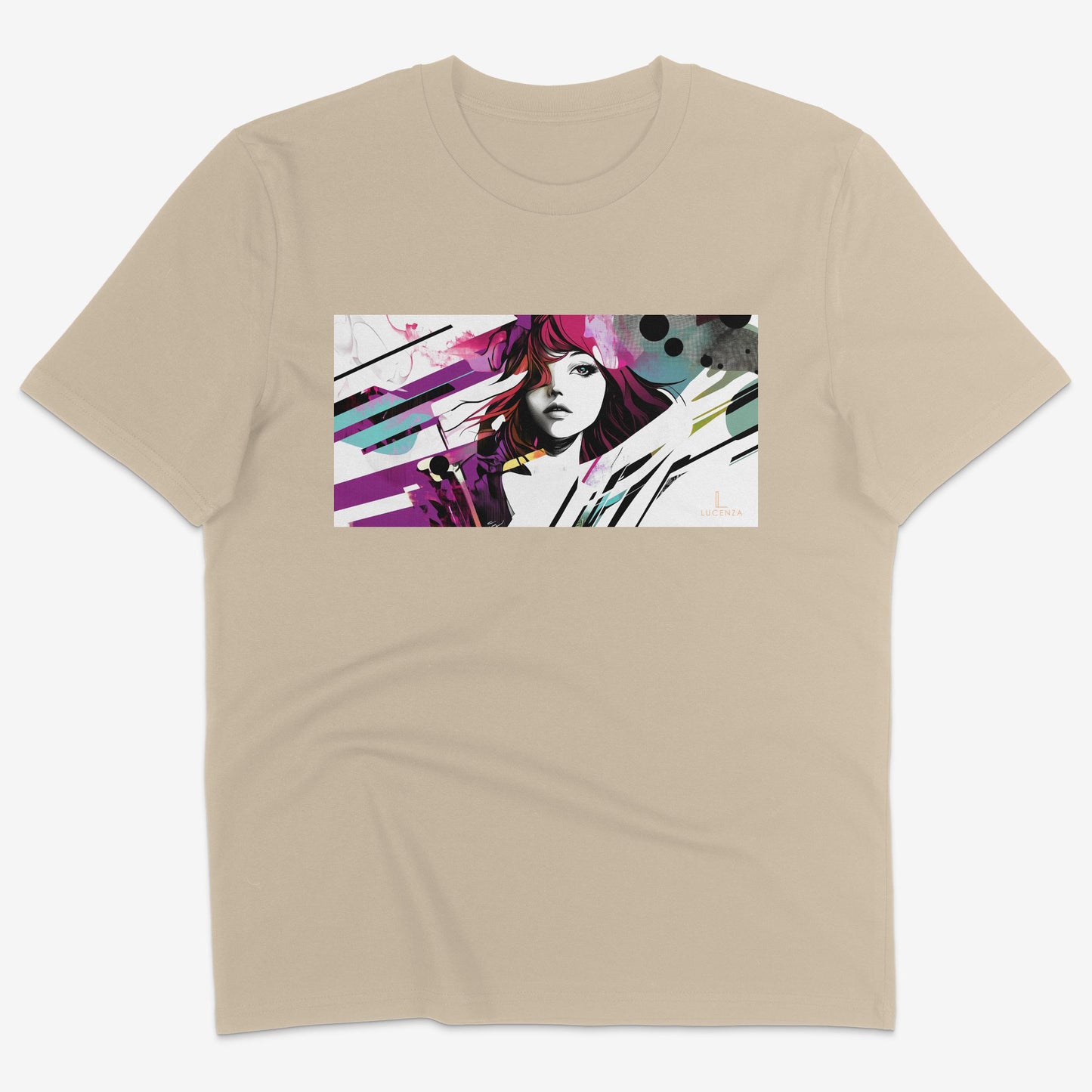 Flatlay of Lucenza Fierce 6.0 t-shirt in desert-colour-with manga design