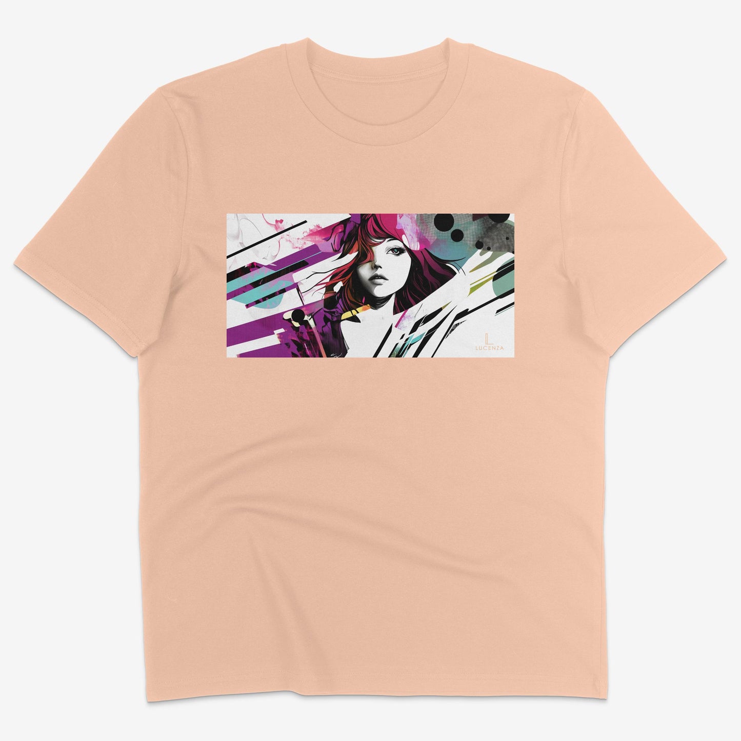 Flatlay of Lucenza Fierce 6.0 t-shirt in fraiche-peche-colour-with manga design