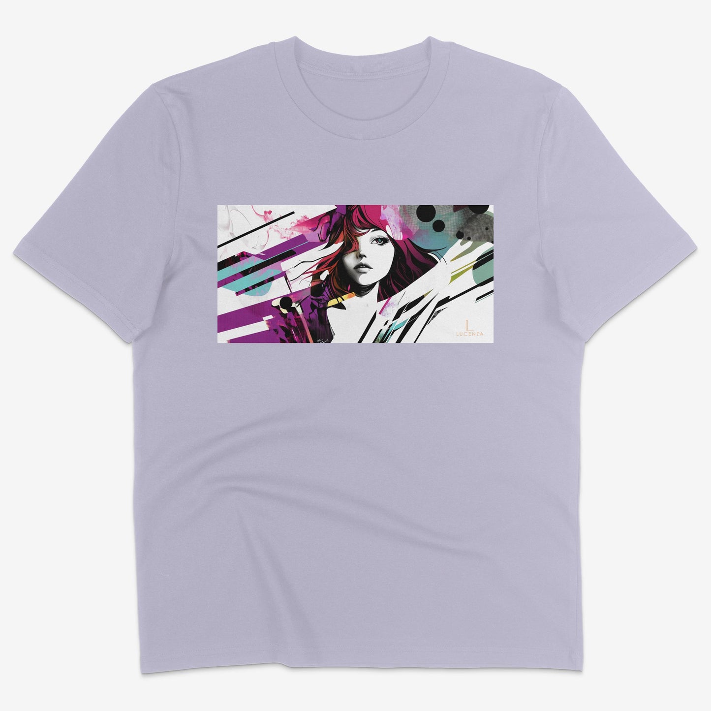 Flatlay of Lucenza Fierce 6.0 t-shirt in lavender-colour-with manga design