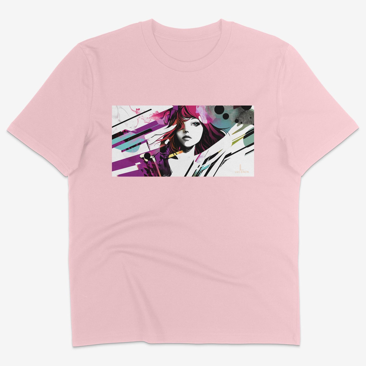 Flatlay of Lucenza Fierce 6.0 t-shirt in pink-with manga design