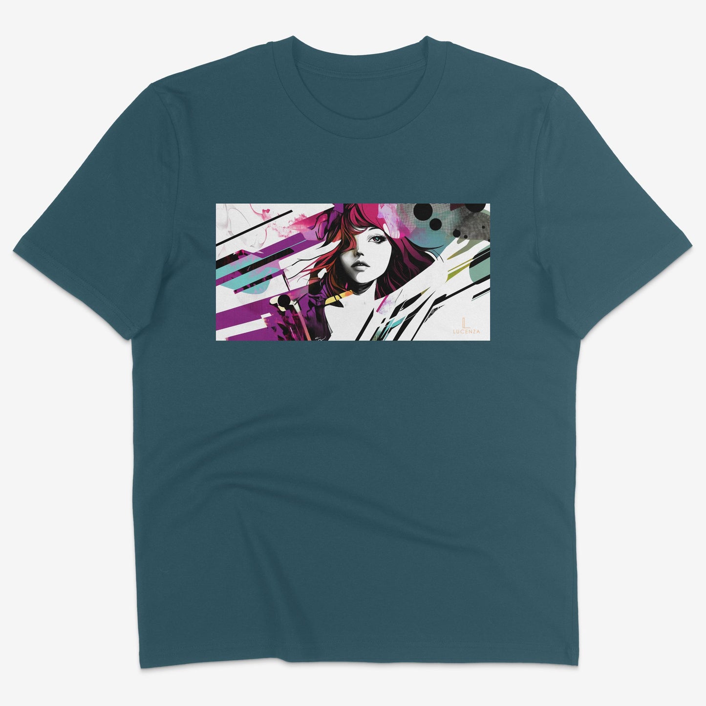 Flatlay of Lucenza Fierce 6.0 t-shirt in teal-with manga design