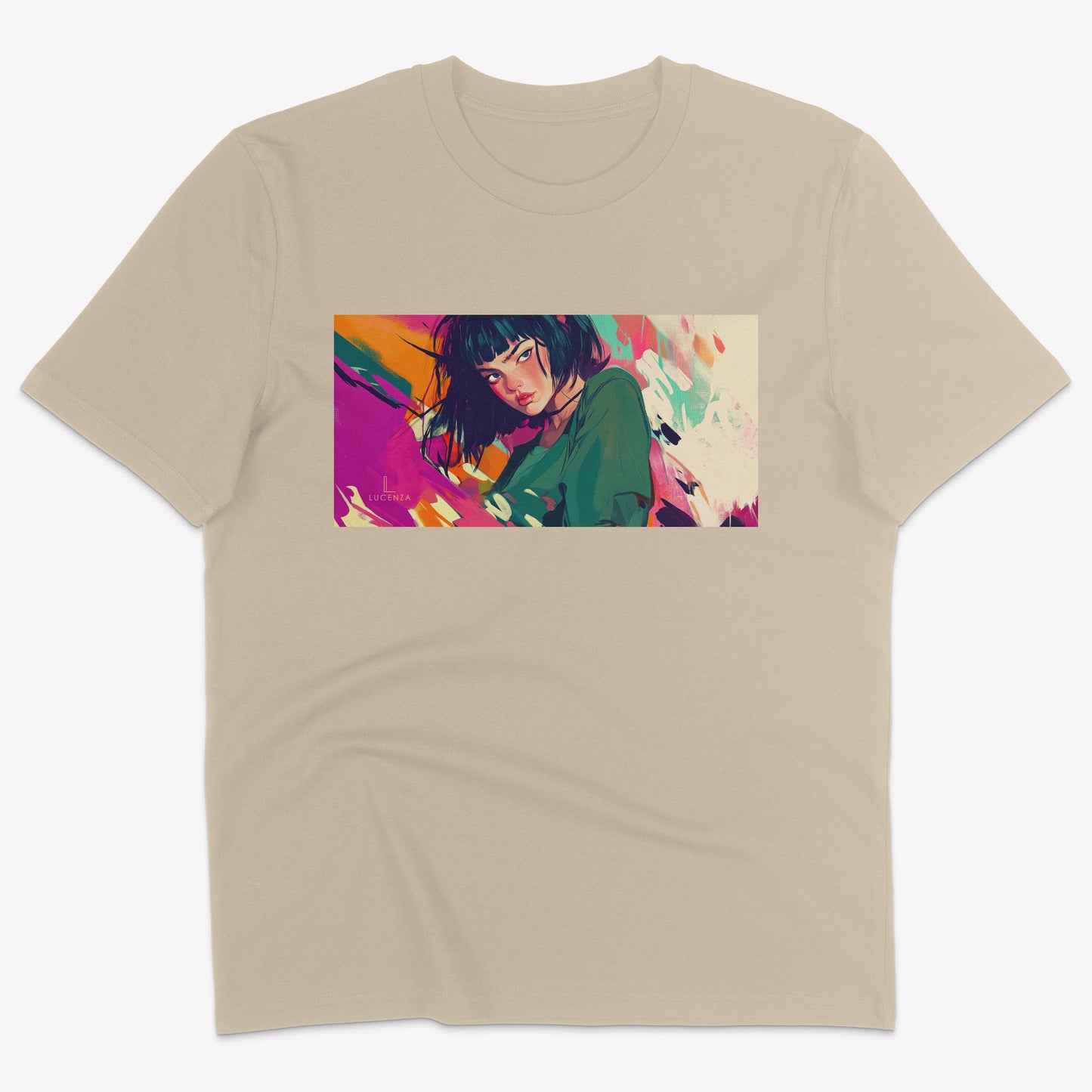 Flatlay of Lucenza Fierce 7.0 t-shirt in desert-colour-with manga design