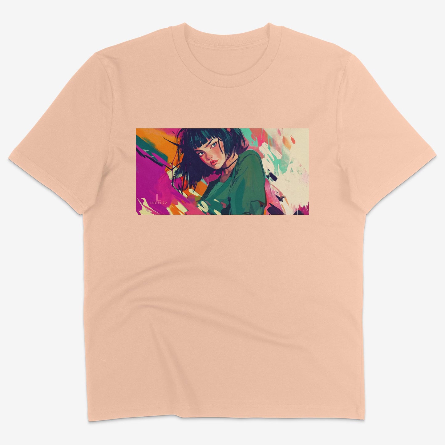 Flatlay of Lucenza Fierce 7.0 t-shirt in fraiche-peche-with manga design