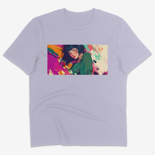 Flatlay of Lucenza Fierce 7.0 t-shirt in lavender-with manga design