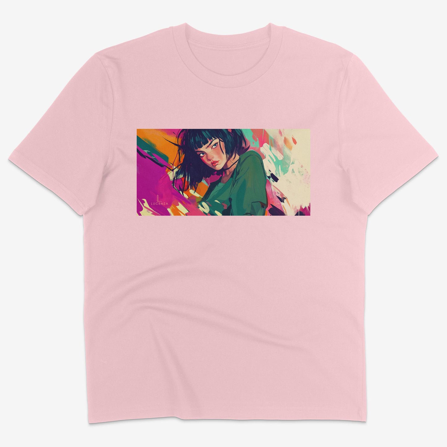 Flatlay of Lucenza Fierce 7.0 t-shirt in pink-with manga design