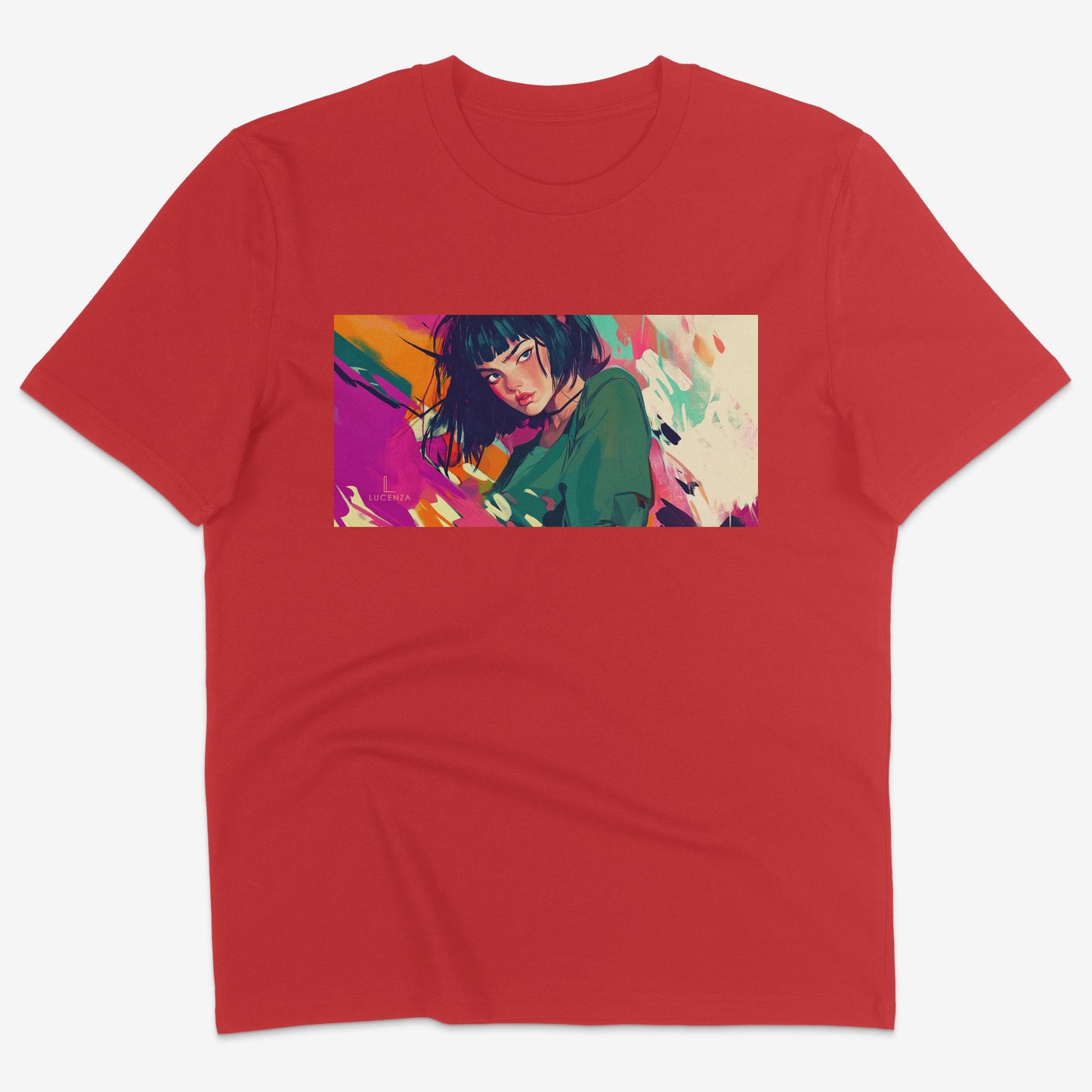 Flatlay of Lucenza Fierce 7.0 t-shirt in red-with manga design