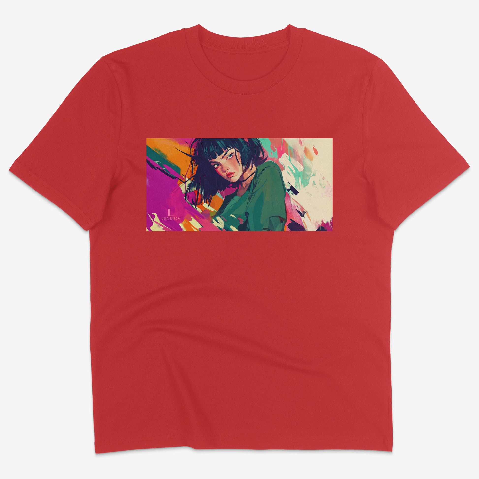 Flatlay of Lucenza Fierce 7.0 t-shirt in red-with manga design