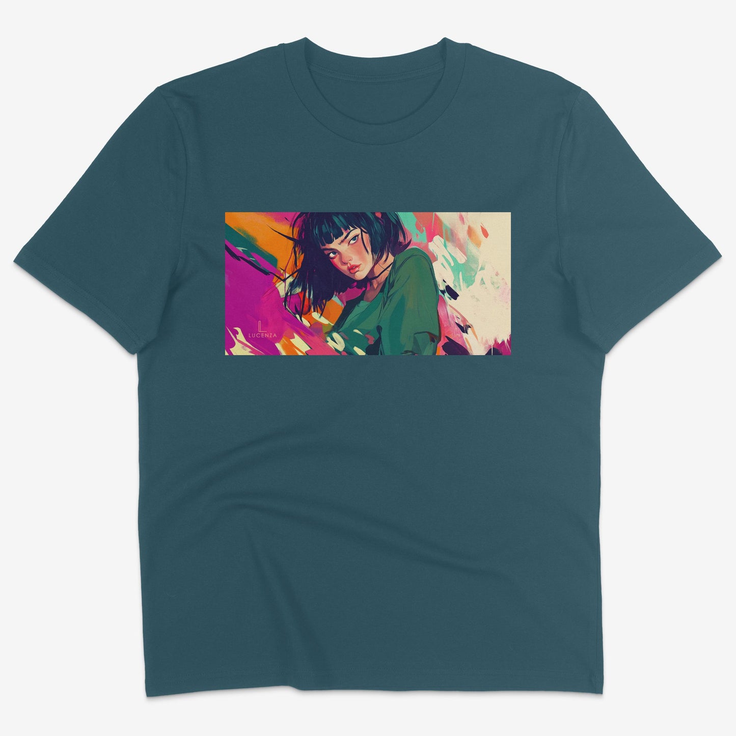 Flatlay of Lucenza Fierce 7.0 t-shirt in teal-with manga design