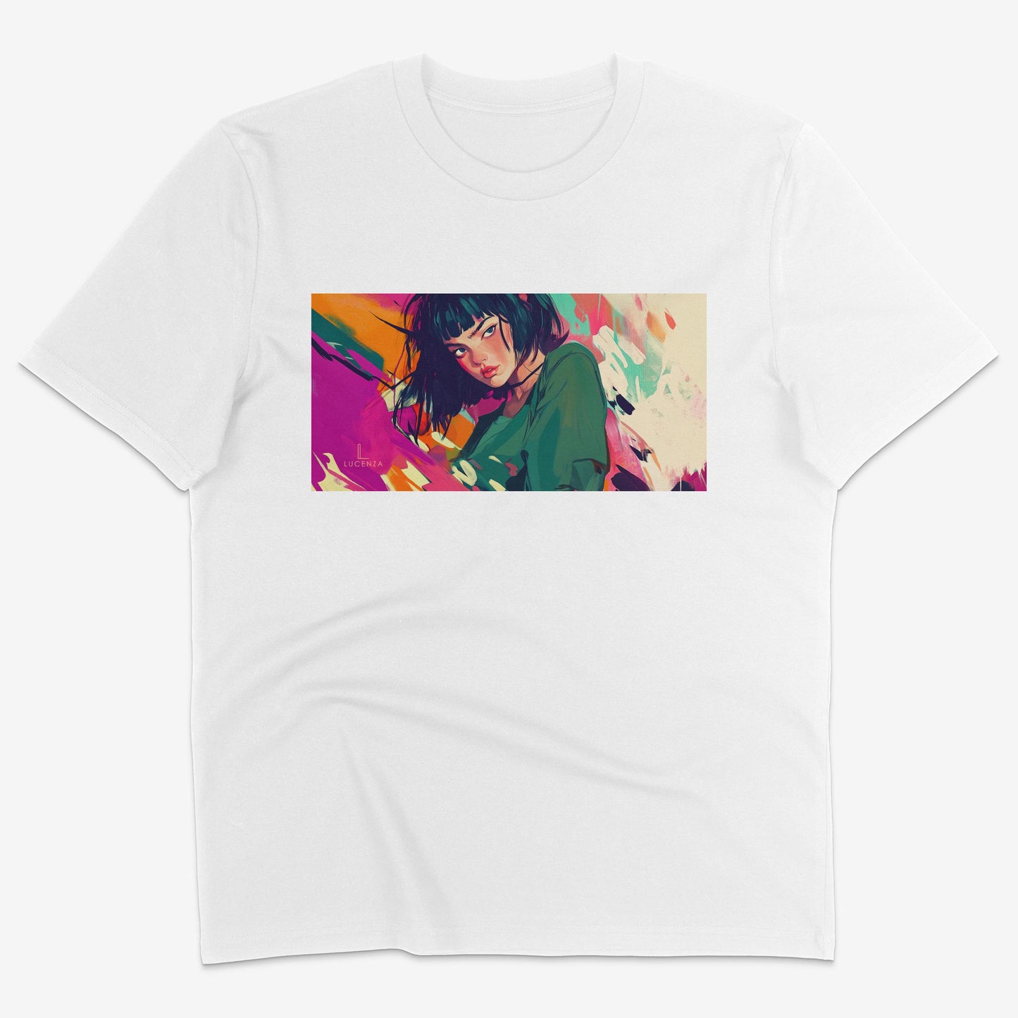 Flatlay of Lucenza Fierce 7.0 t-shirt in white-with manga design