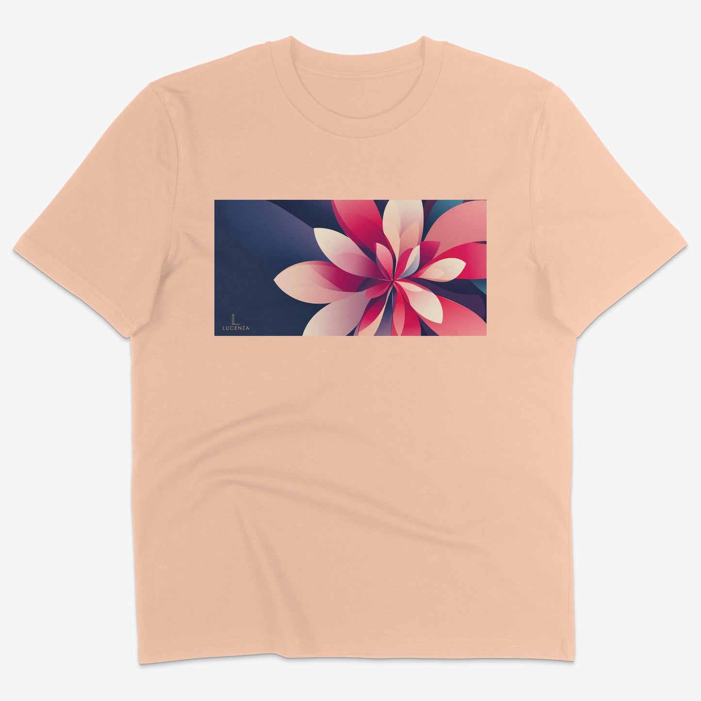 Flatlay of Lucenza Fiore 1.0 t-shirt in fraiche-peche-with flower graphic