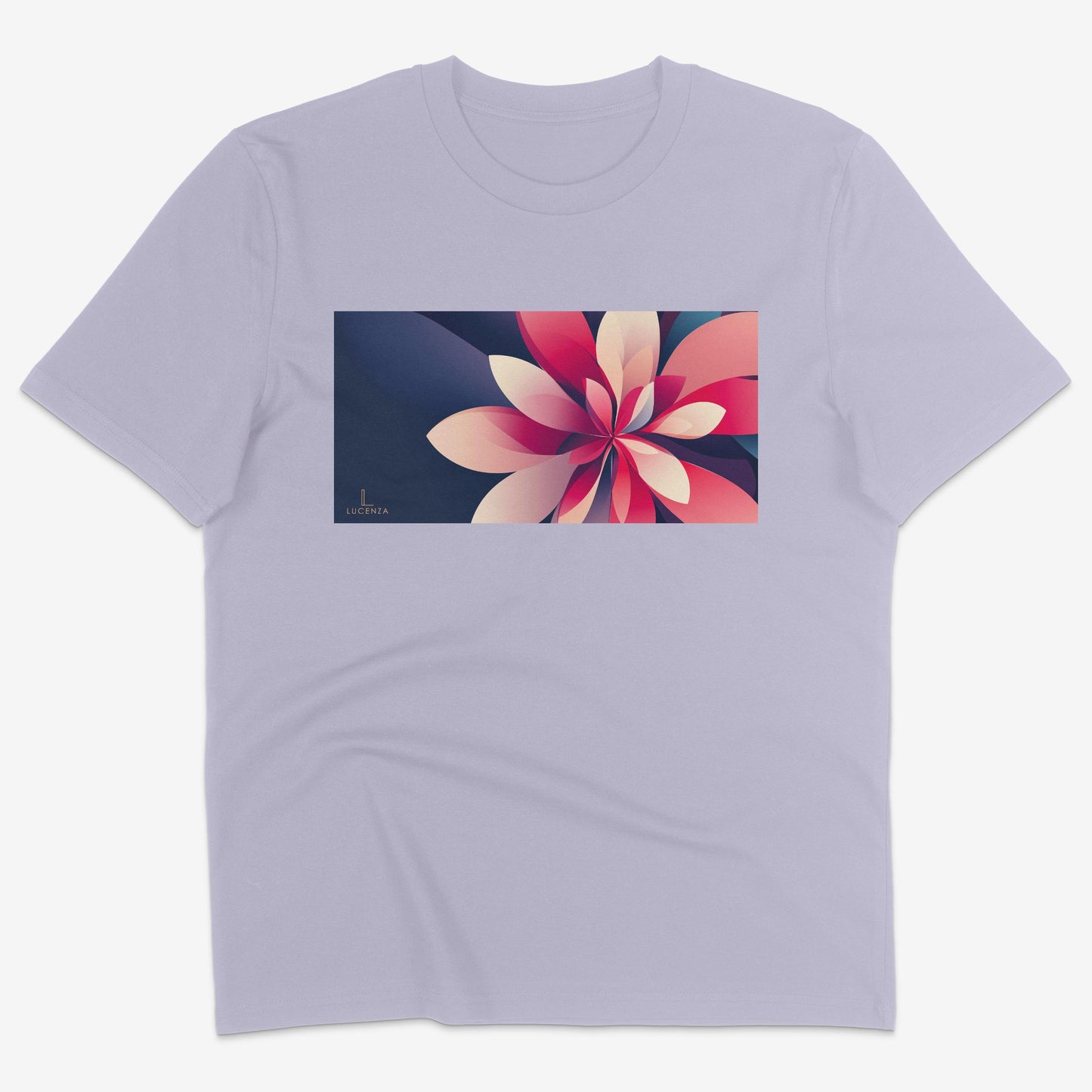 Flatlay of Lucenza Fiore 1.0 t-shirt in lavender-with flower graphic