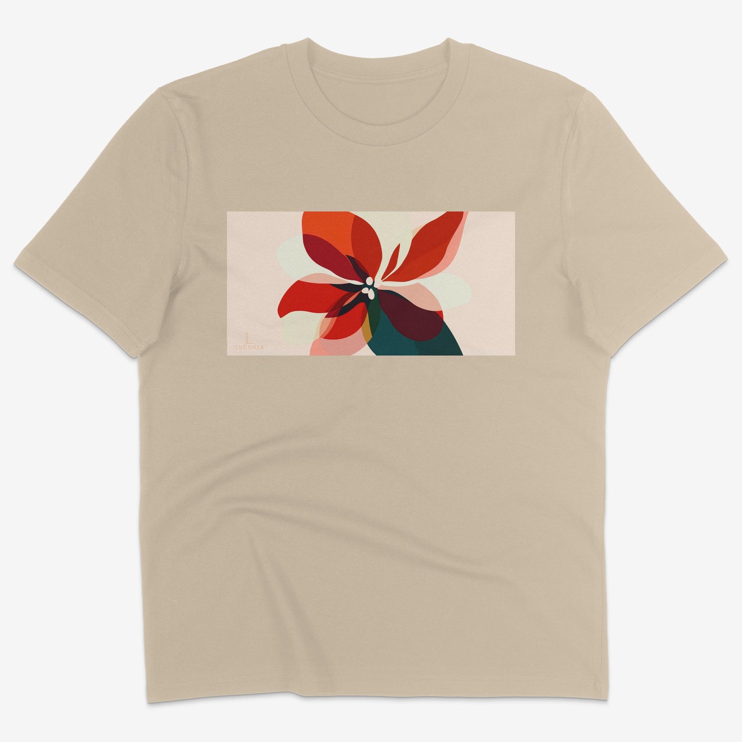 Flatlay of Lucenza Fiore 2.0 t-shirt in desert-with flower graphic