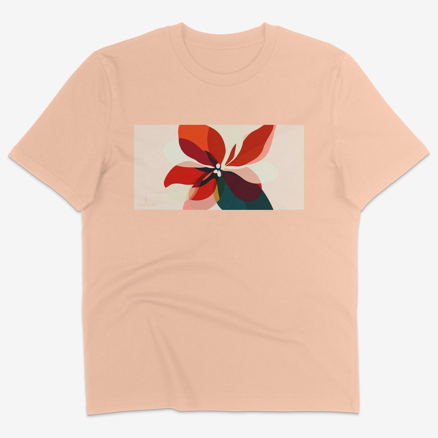 Flatlay of Lucenza Fiore 2.0 t-shirt in fraiche-peche-with flower graphic