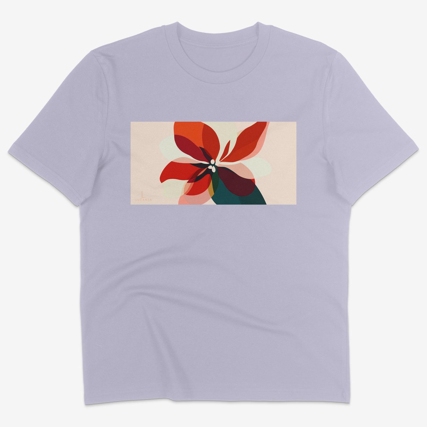 Flatlay of Lucenza Fiore 2.0 t-shirt in lavender-with flower graphic