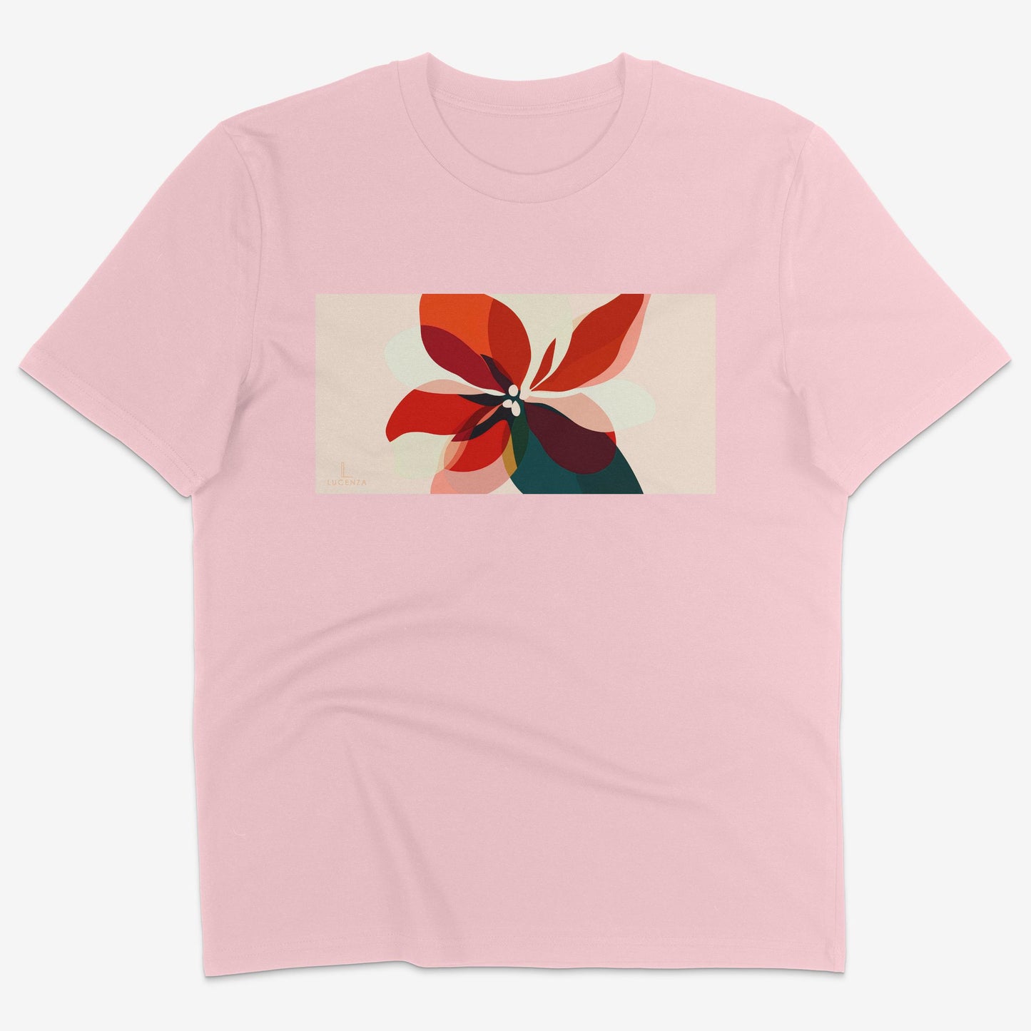 Flatlay of Lucenza Fiore 2.0 t-shirt in pink-with flower graphic