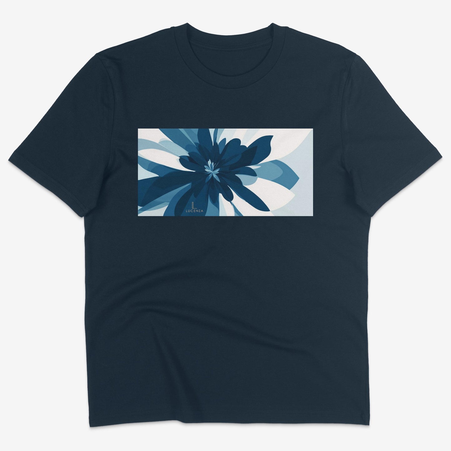 Flatlay of Lucenza Fiore 3.0 t-shirt in navy-with flower graphic