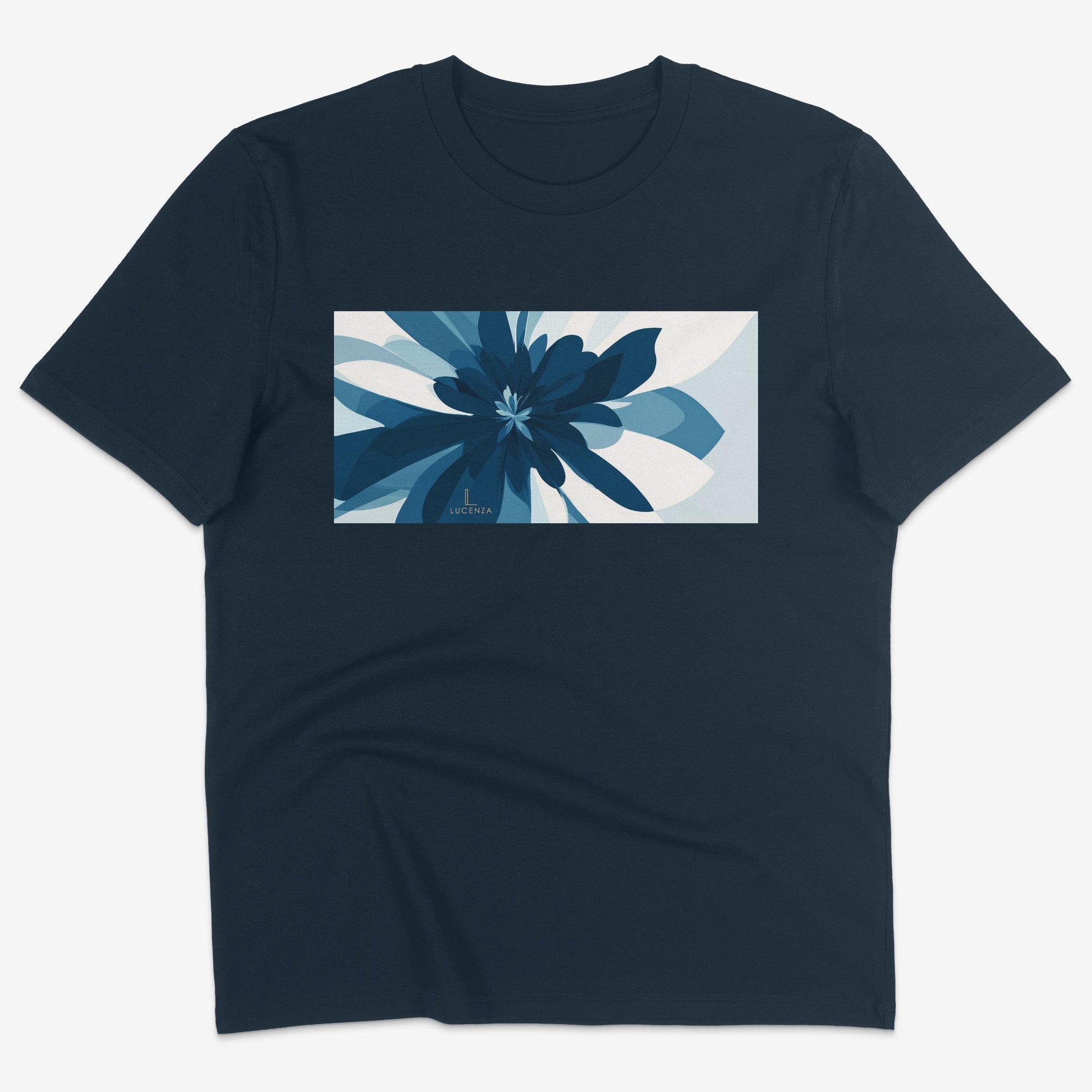 Flatlay of Lucenza Fiore 3.0 t-shirt in navy-with flower graphic
