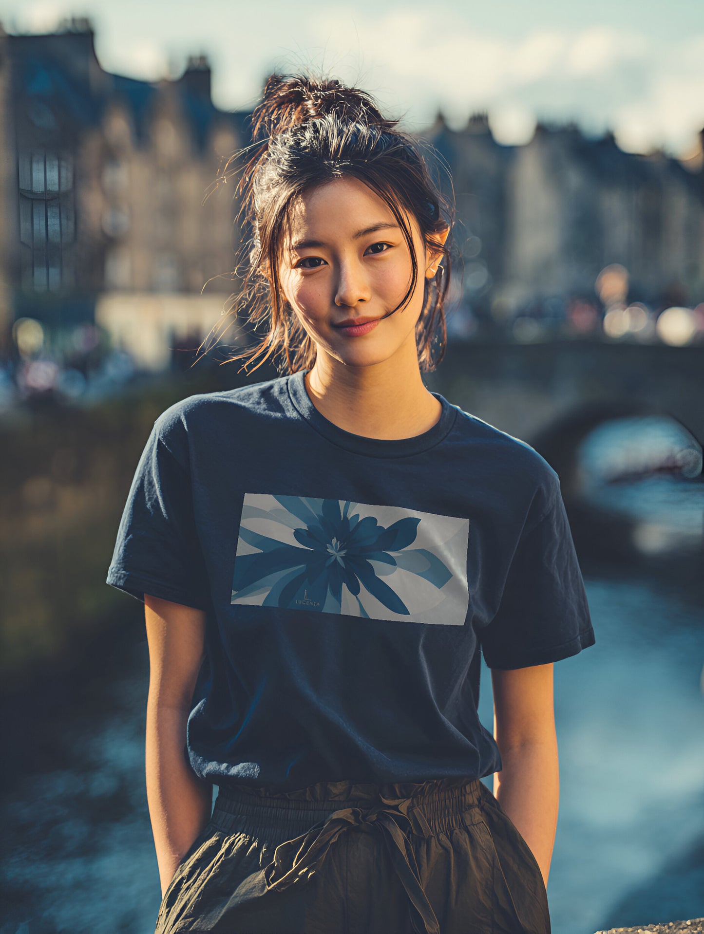 Asian model wearing navy lucenza t-shirt