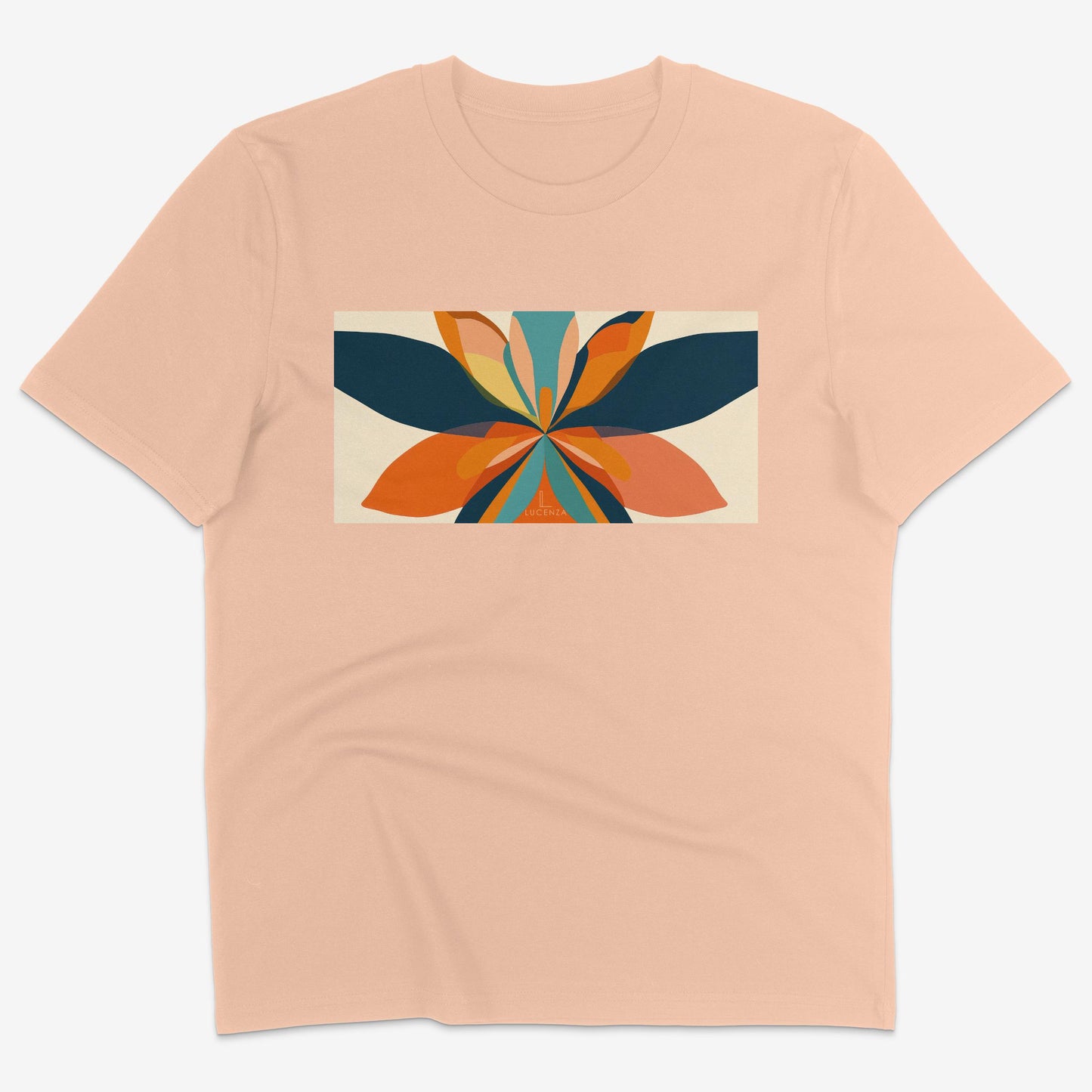 Flatlay of Lucenza Fiore 4.0 t-shirt in fraiche-peche-with flower graphic