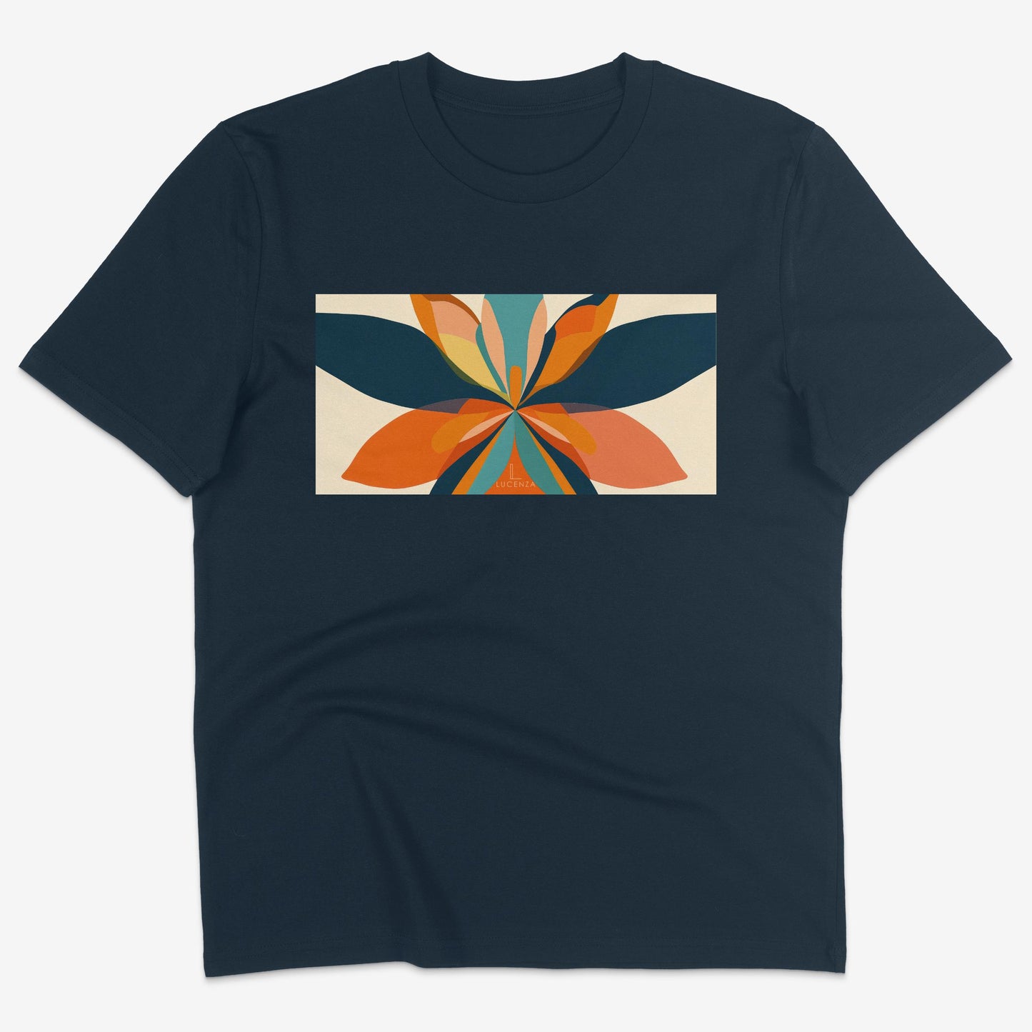 Flatlay of Lucenza Fiore 4.0 t-shirt in navy-with flower graphic