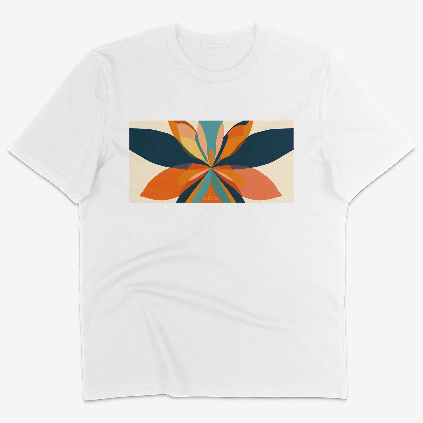 Flatlay of Lucenza Fiore 4.0 t-shirt in white-with flower graphic