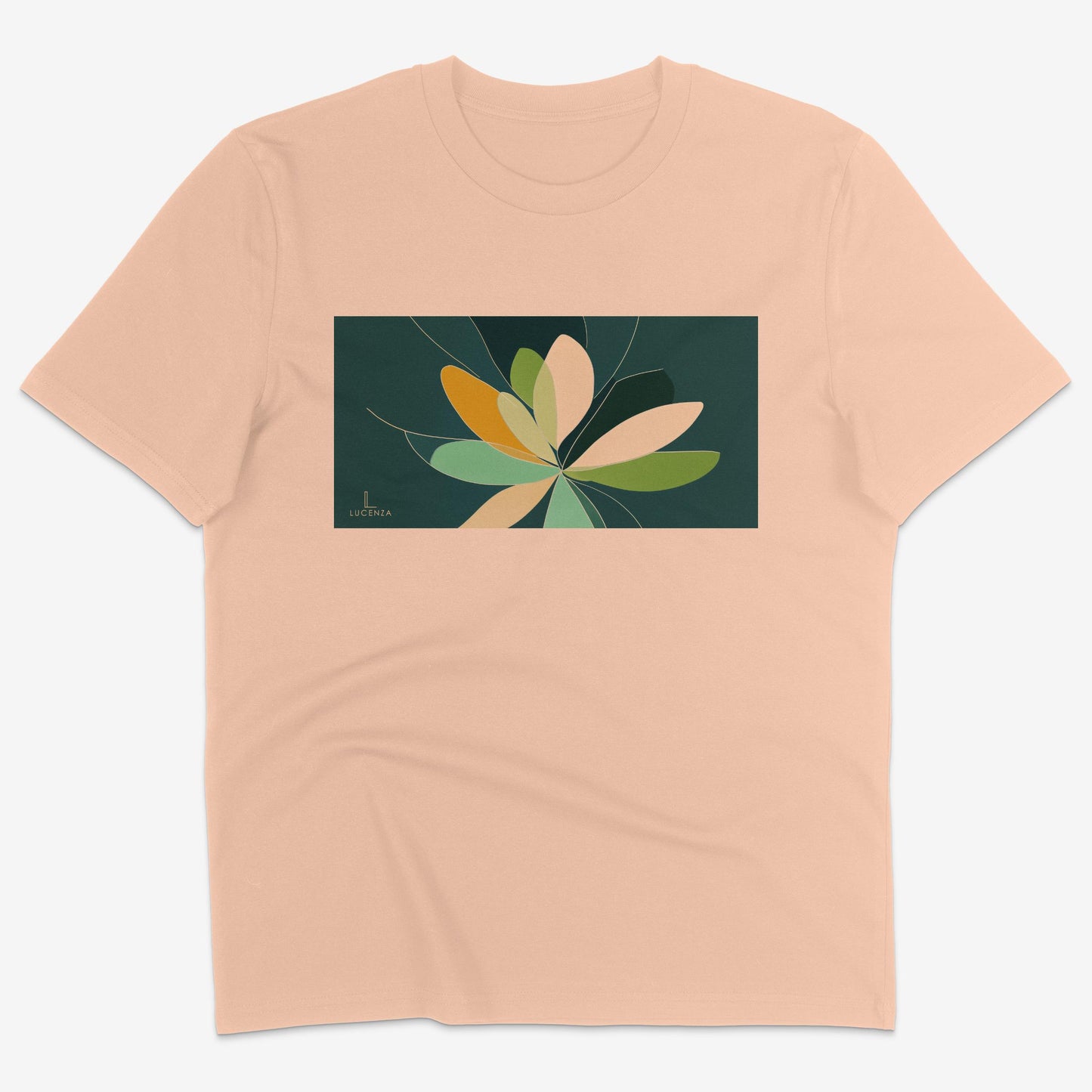 Flatlay of Lucenza Fiore 5.0 t-shirt in fraiche-peche-with flower graphic
