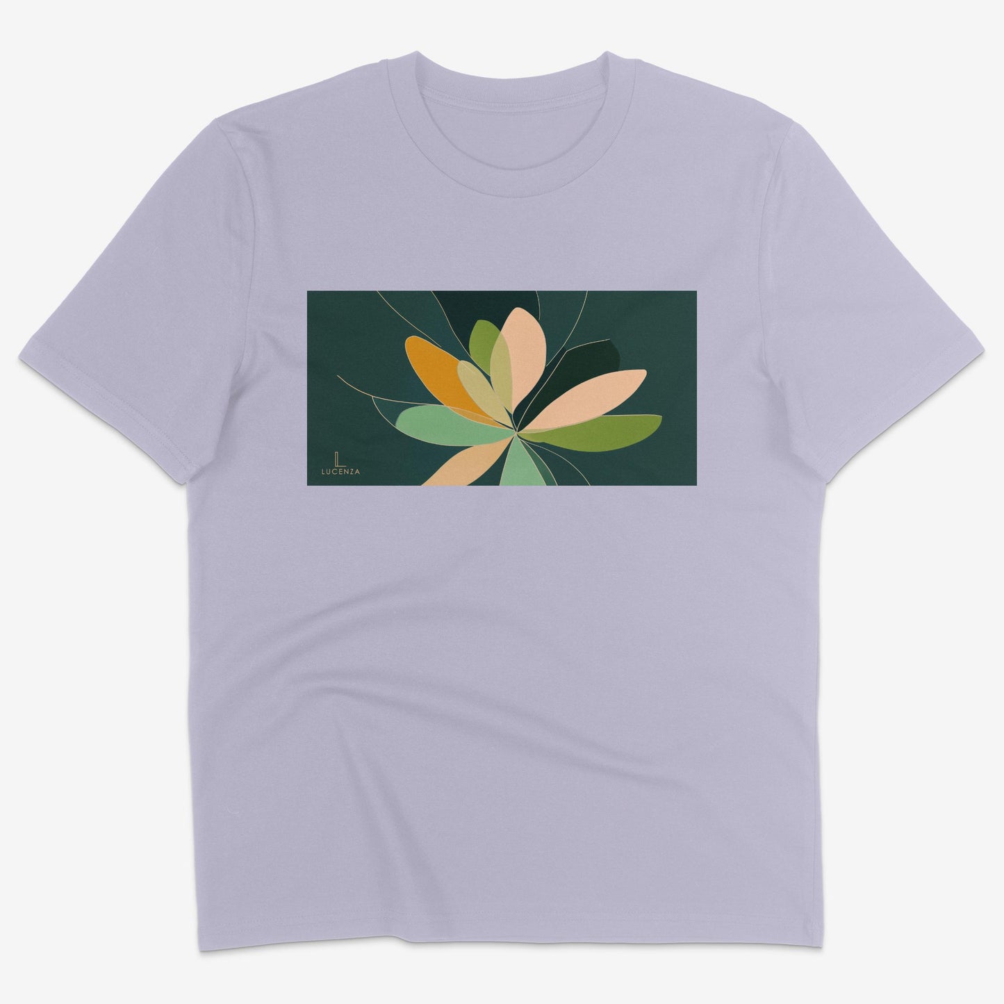 Flatlay of Lucenza Fiore 5.0 t-shirt in lavender-with flower graphic