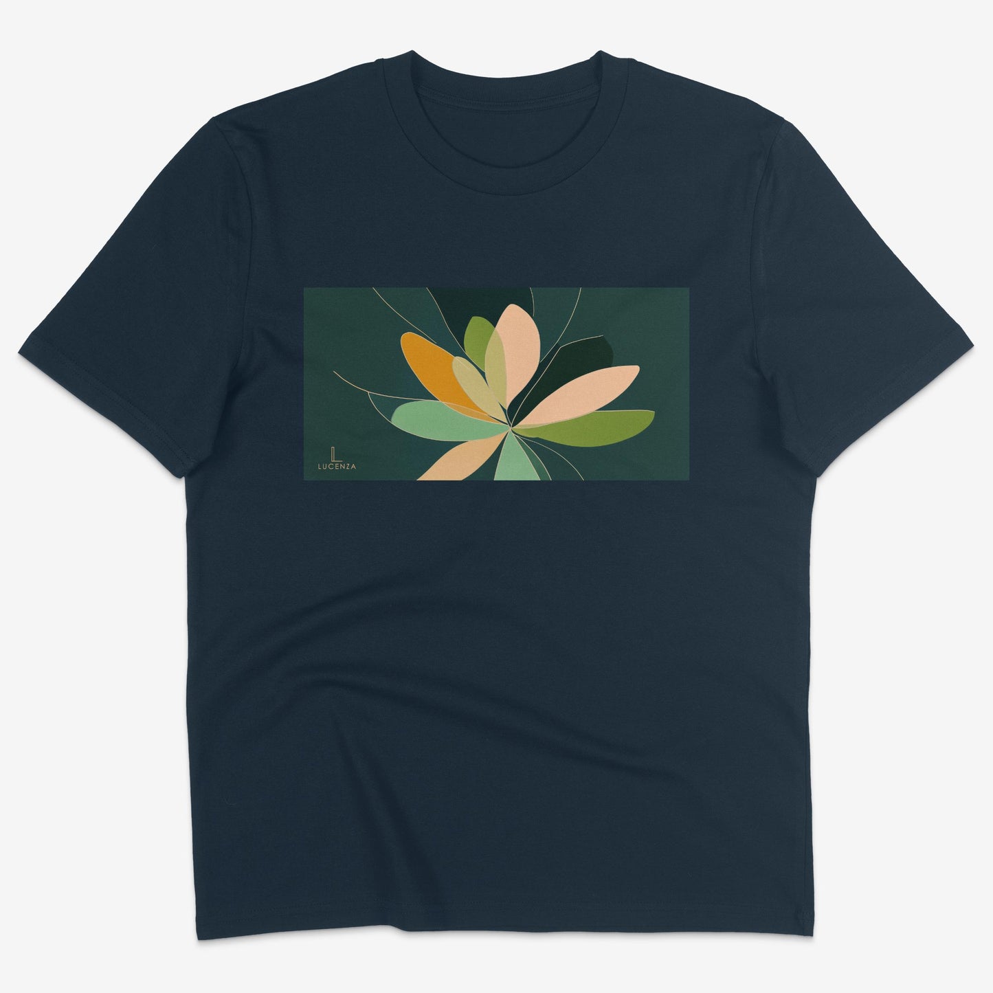 Flatlay of Lucenza Fiore 5.0 t-shirt in navy-with flower graphic