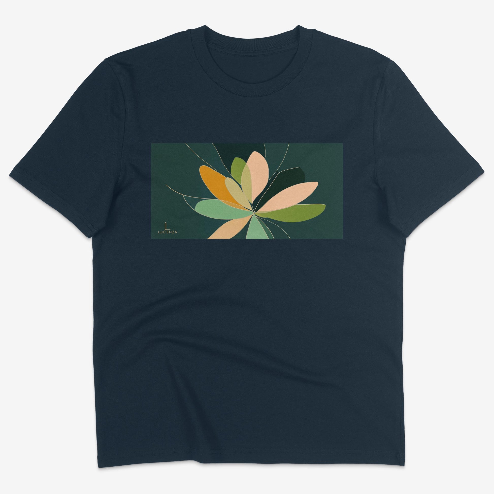 Flatlay of Lucenza Fiore 5.0 t-shirt in navy-with flower graphic