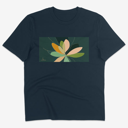 Flatlay of Lucenza Fiore 5.0 t-shirt in navy-with flower graphic