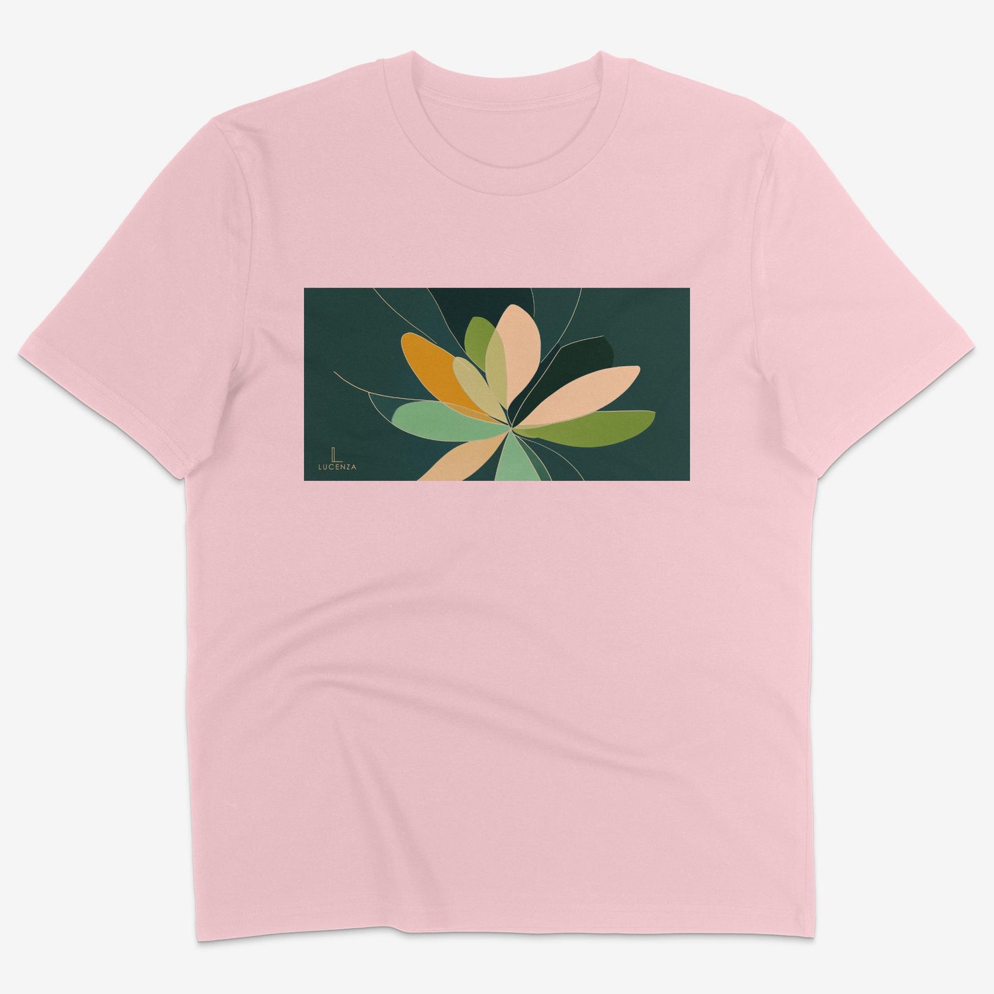 Flatlay of Lucenza Fiore 5.0 t-shirt in pink-with flower graphic