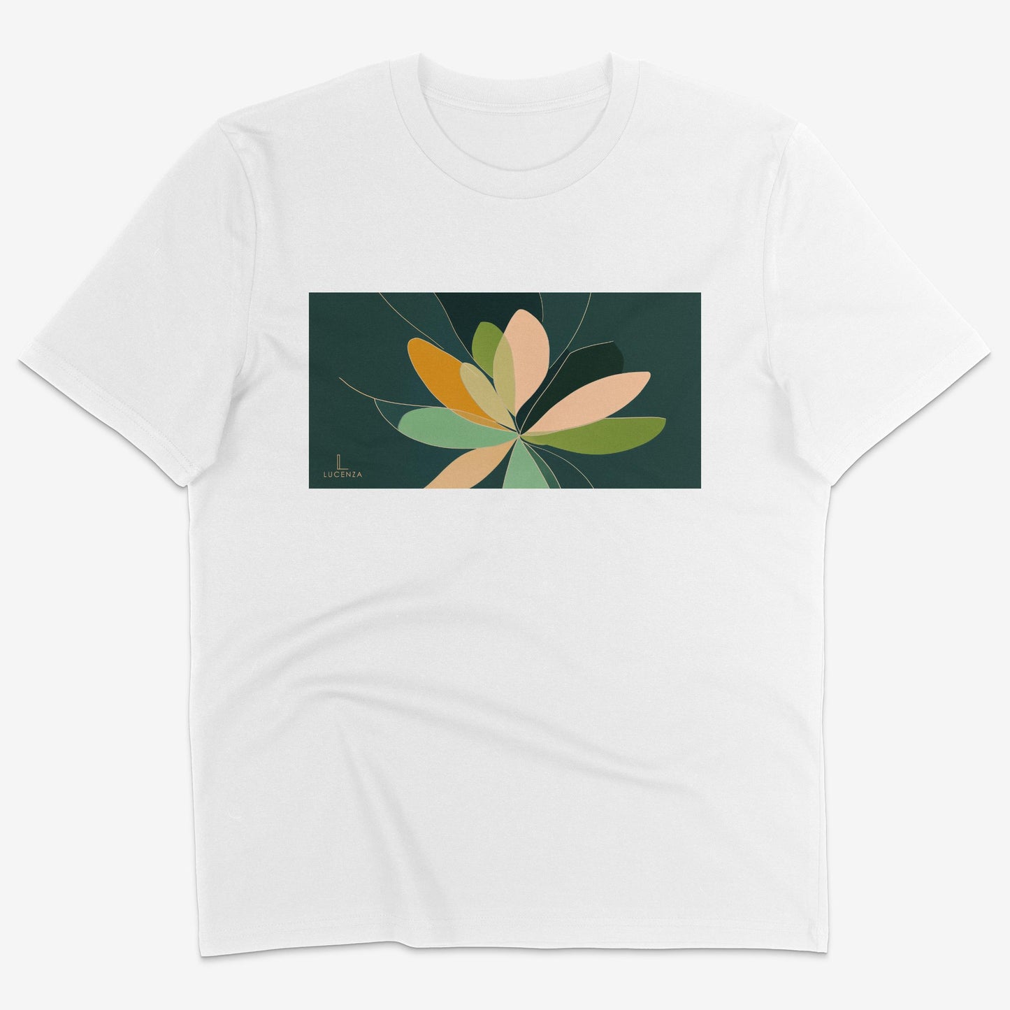 Flatlay of Lucenza Fiore 5.0 t-shirt in white-with flower graphic