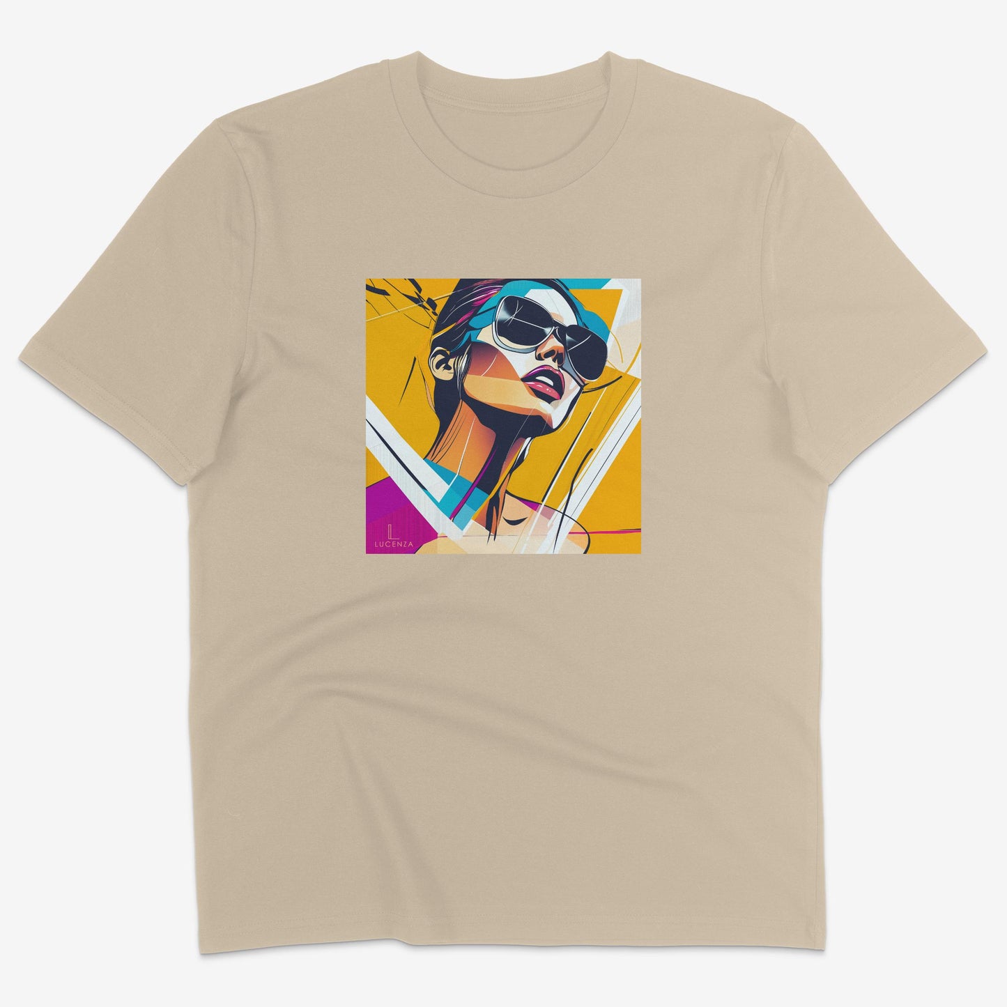 Flatlay of Lucenza Flair 1.0 t-shirt in desert—showcasing bold expressive graphics