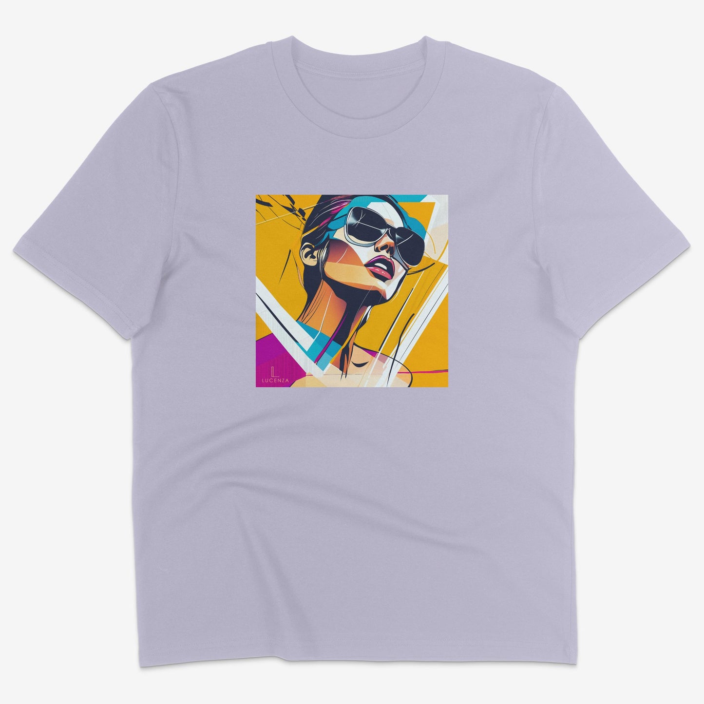 Flatlay of Lucenza Flair 1.0 t-shirt in lavender—showcasing bold expressive graphics