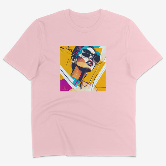 Flatlay of Lucenza Flair 1.0 t-shirt in pink—showcasing bold expressive graphics
