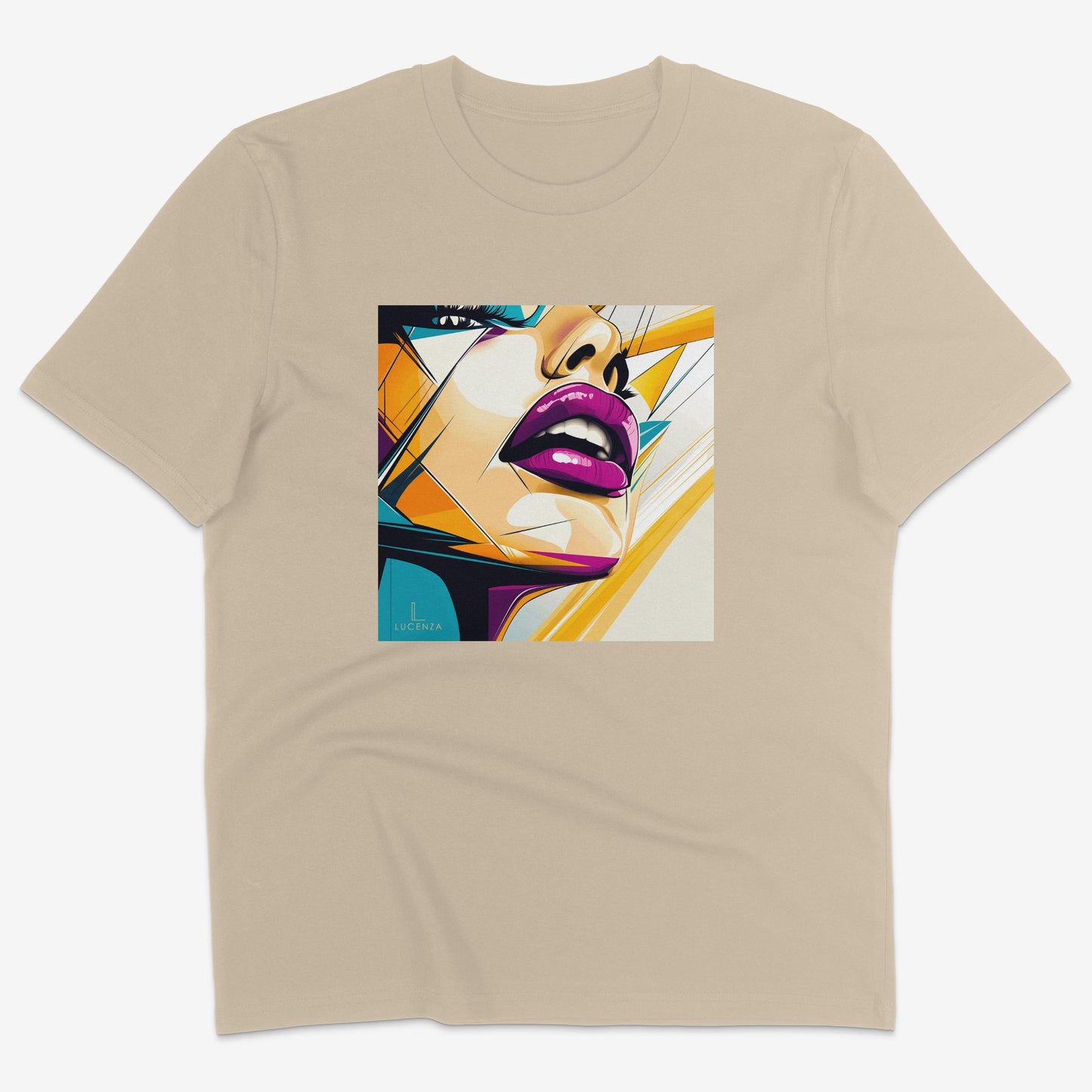 Flatlay of Lucenza Flair 2.0 t-shirt in desert—showcasing bold expressive graphics