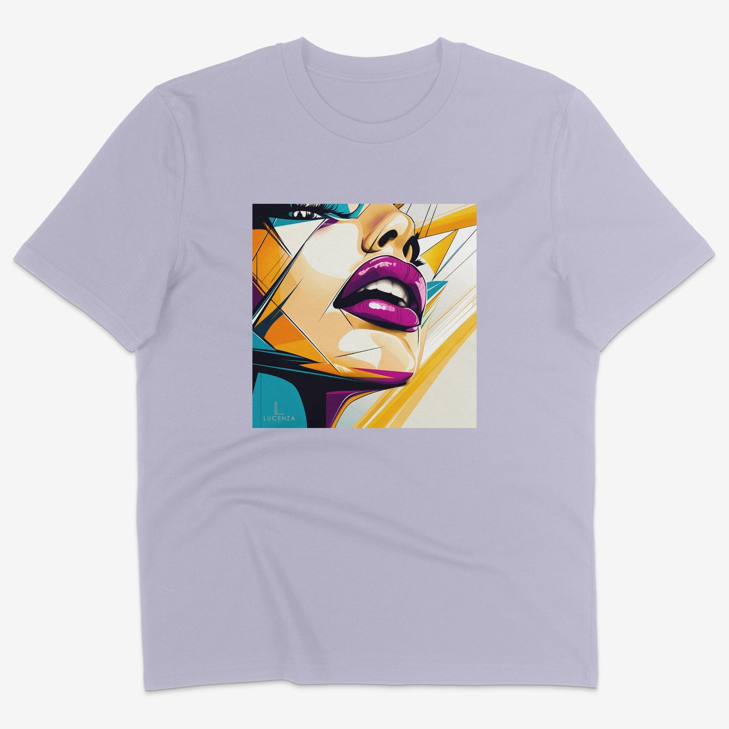 Flatlay of Lucenza Flair 2.0 t-shirt in lavender—showcasing bold expressive graphics