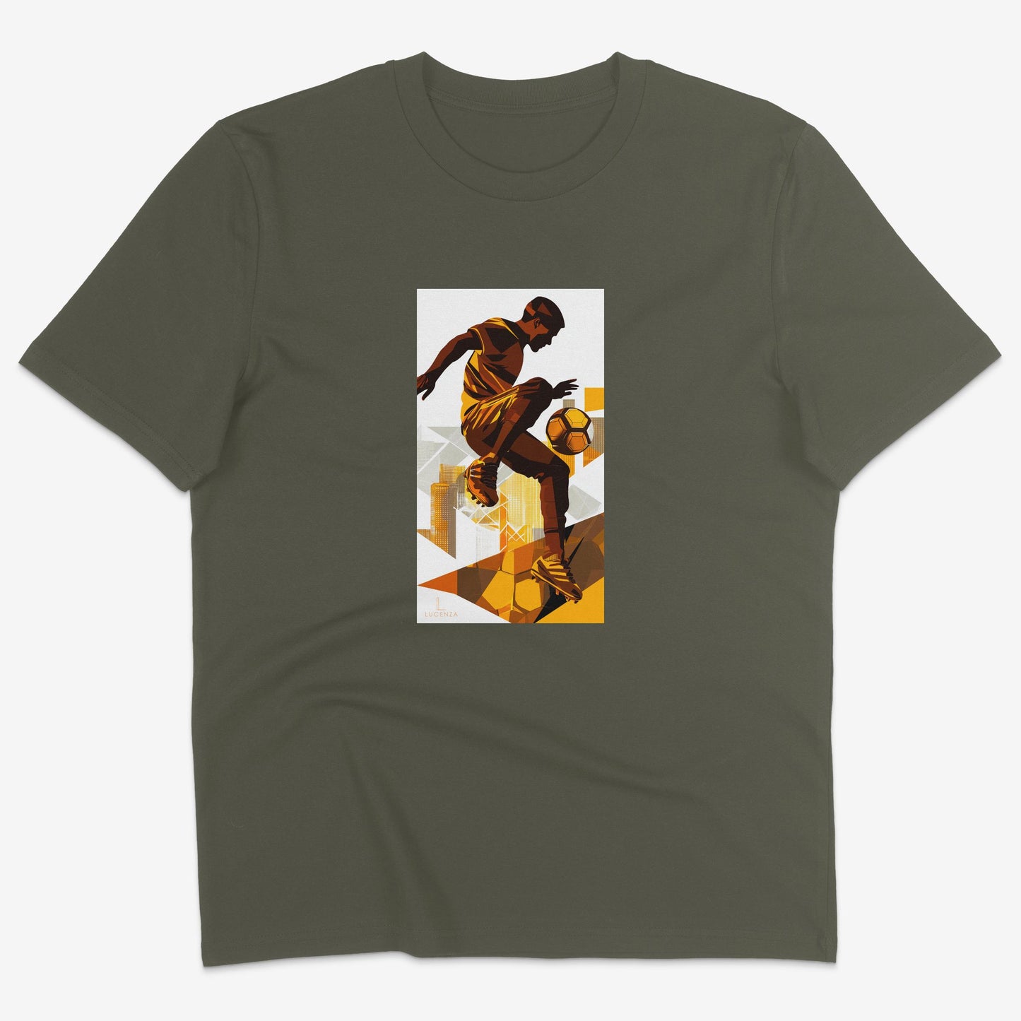 Flatlay of Lucenza football t-shirt in khaki-with artistic graphic