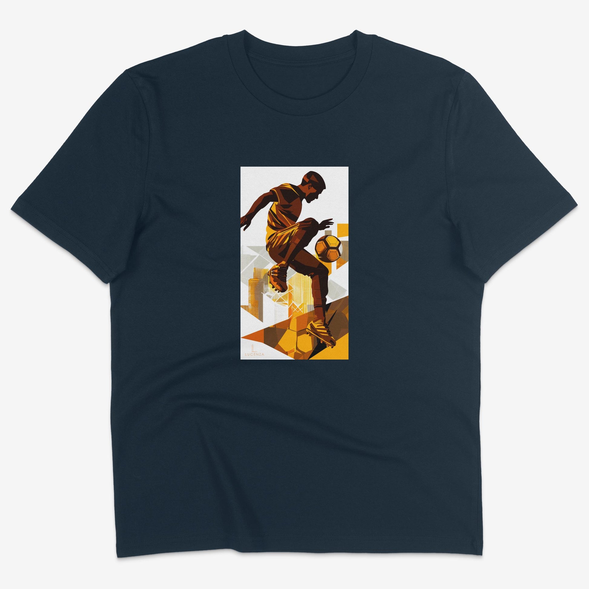 Flatlay of Lucenza football t-shirt in navy-with artistic graphic