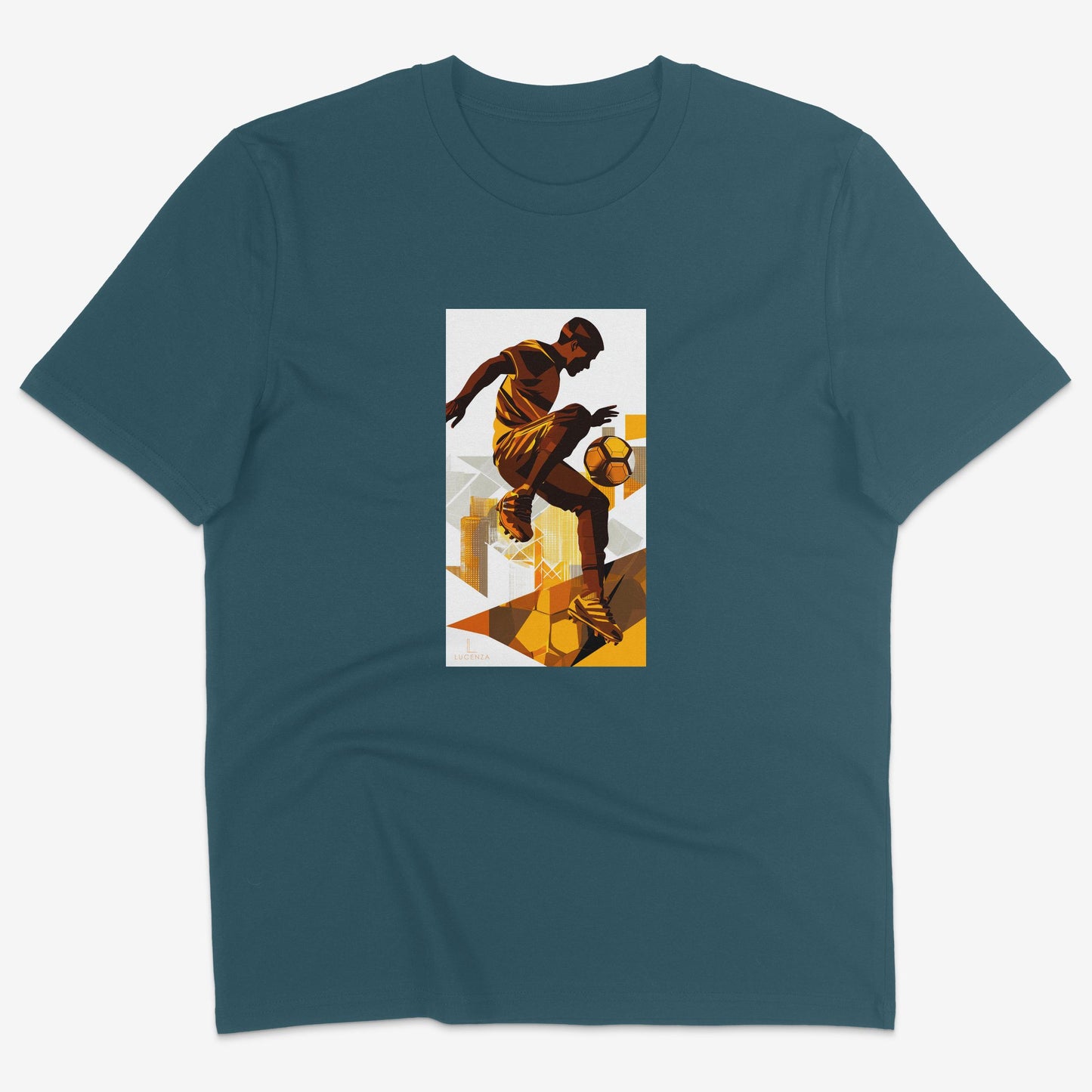 Flatlay of Lucenza football t-shirt in teal-with artistic graphic