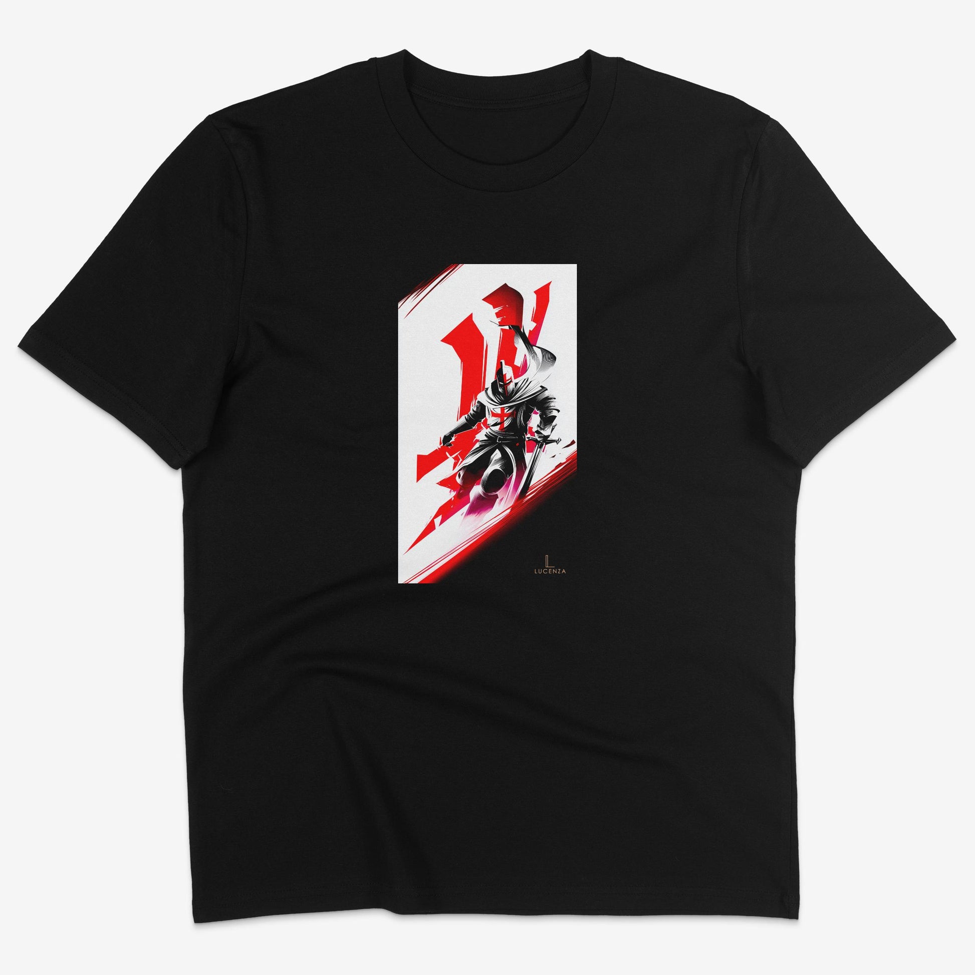 Flatlay of Lucenza Knight t-shirt in black-with artistic graphic
